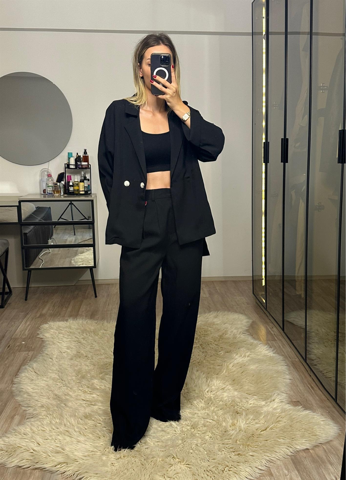 Lara Siyah Keten Pantolon Blazer Takım