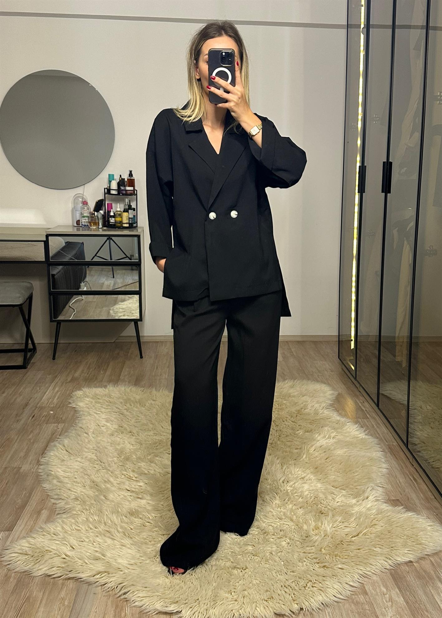 Lara Siyah Keten Pantolon Blazer Takım
