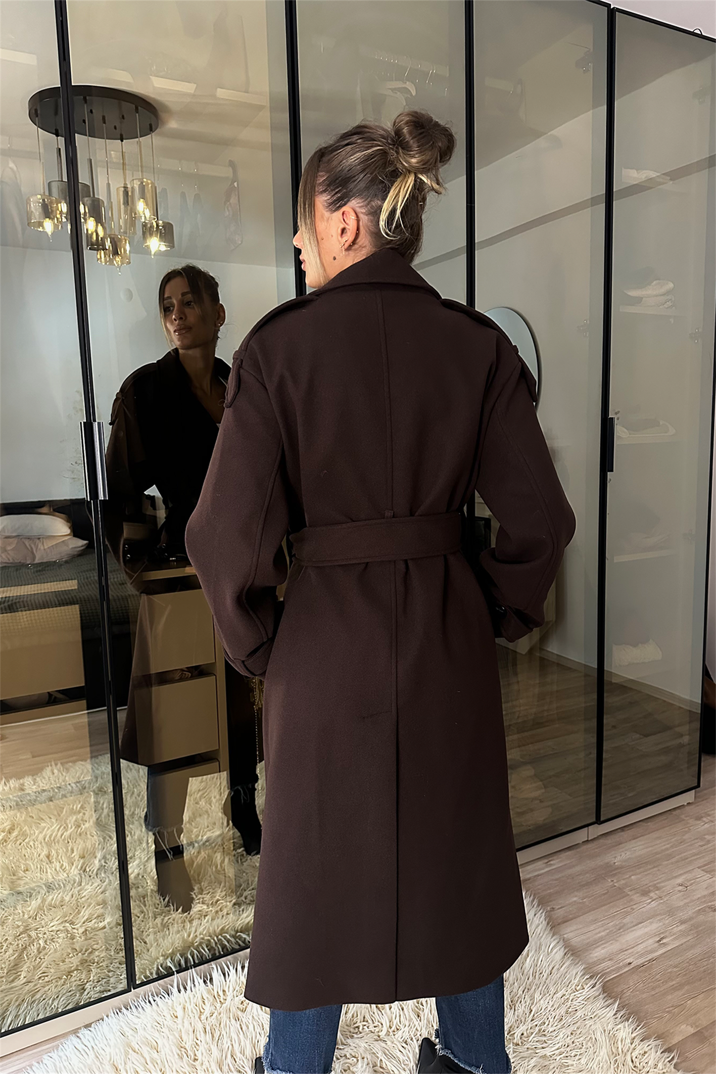 Laura Acı Kahve Kuşaklı Kaşe Kaban