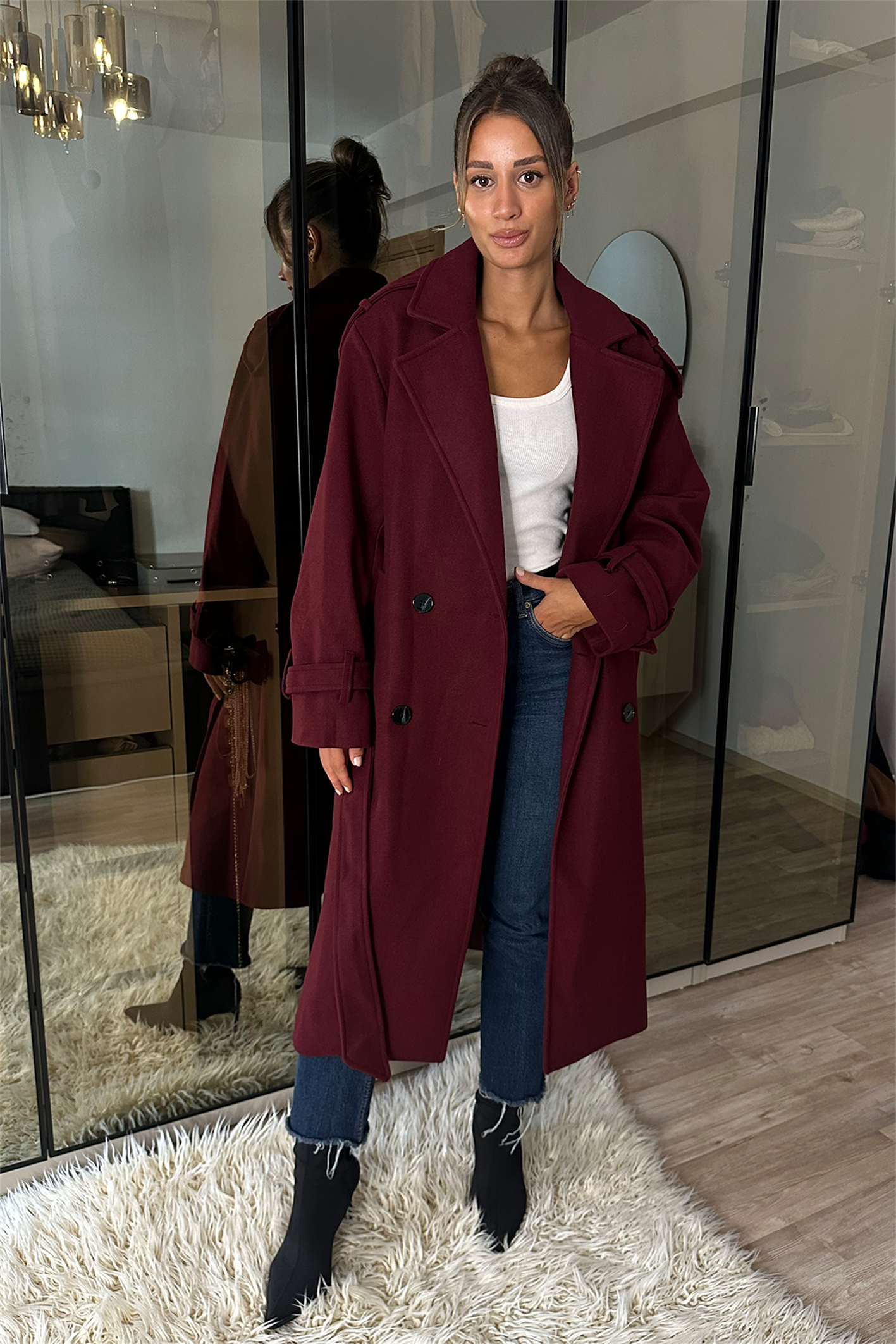 Laura Bordo Kuşaklı Kaşe Kaban