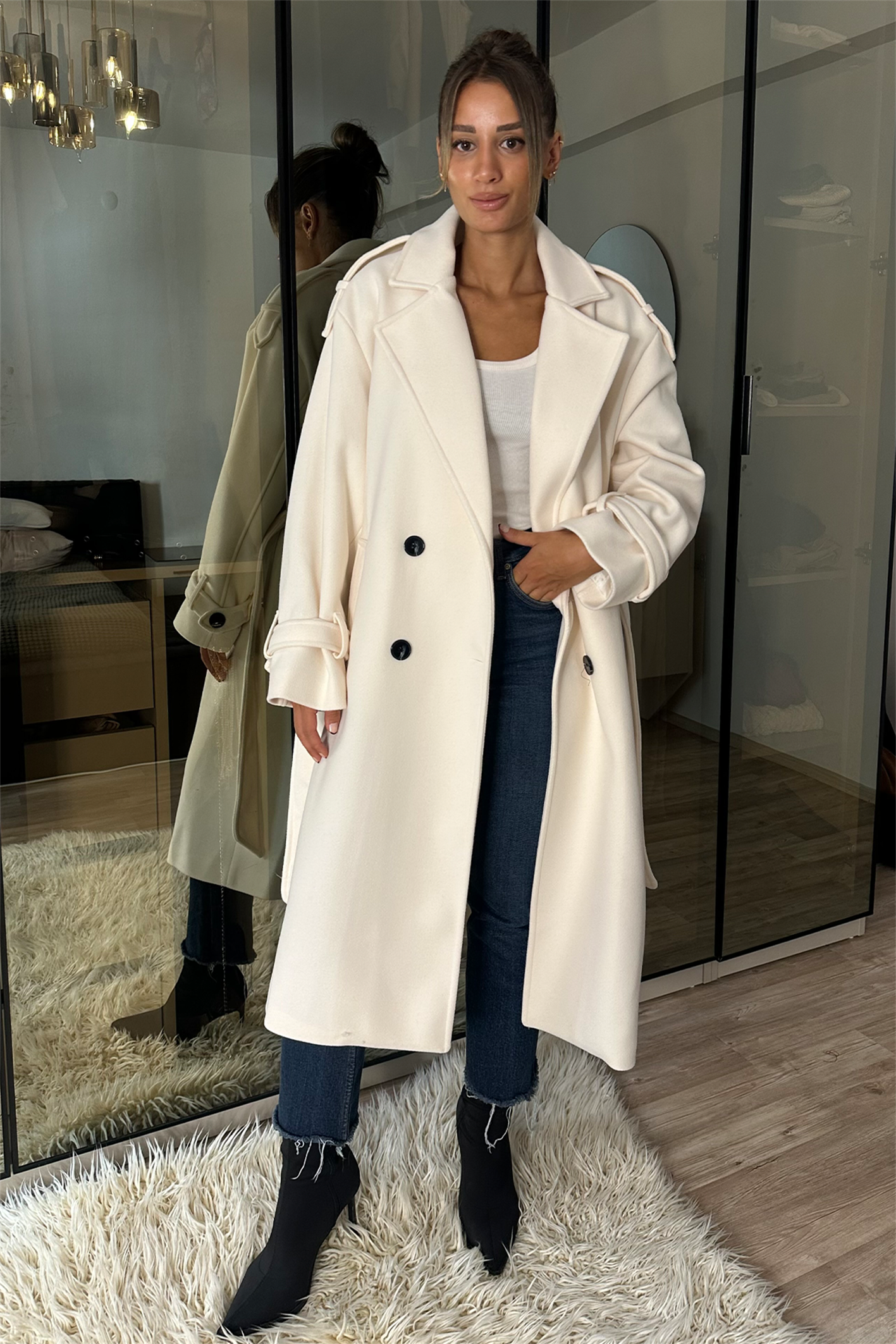 Laura Ekru Kuşaklı Kaşe Kaban