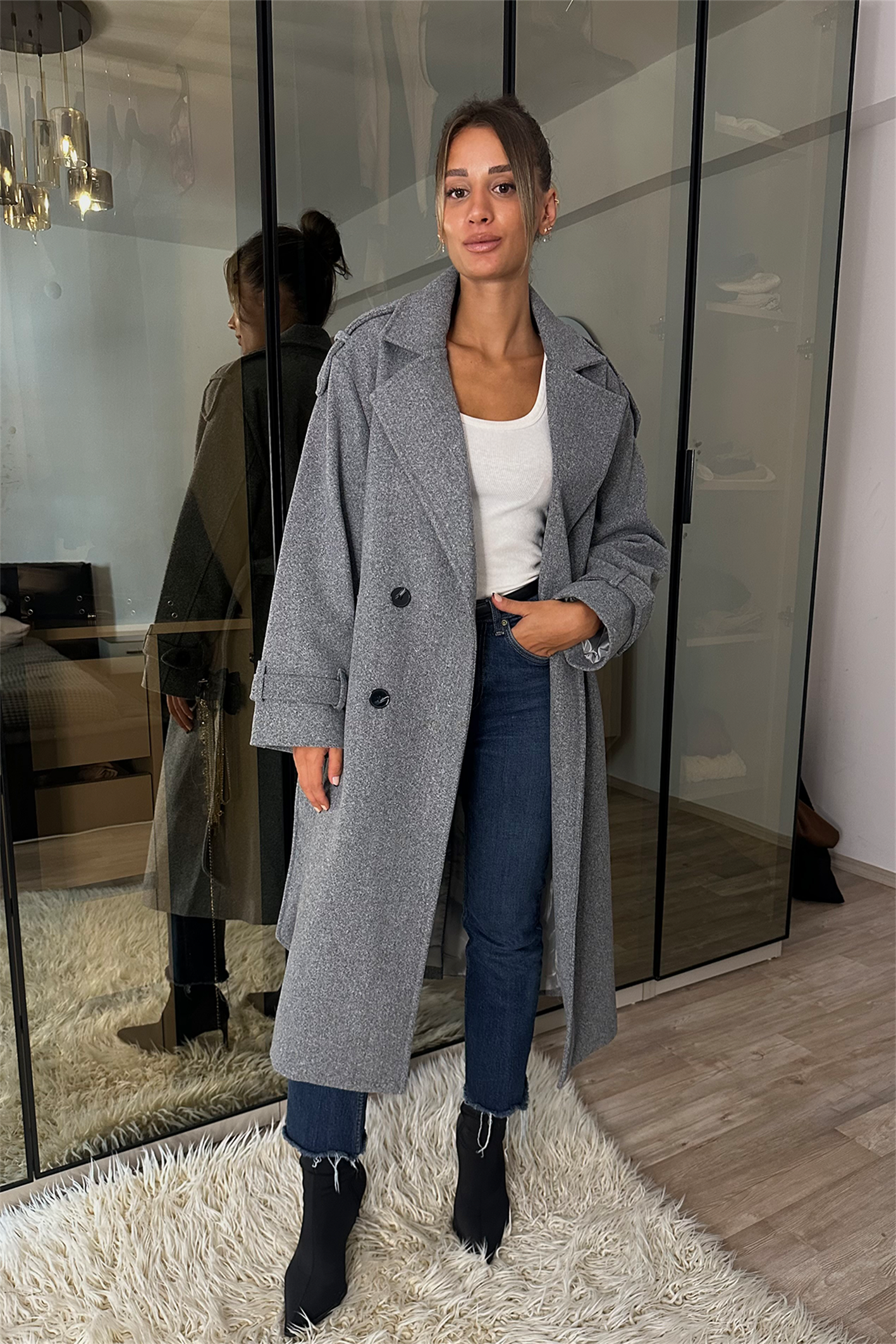 Laura Gri Kuşaklı Kaşe Kaban