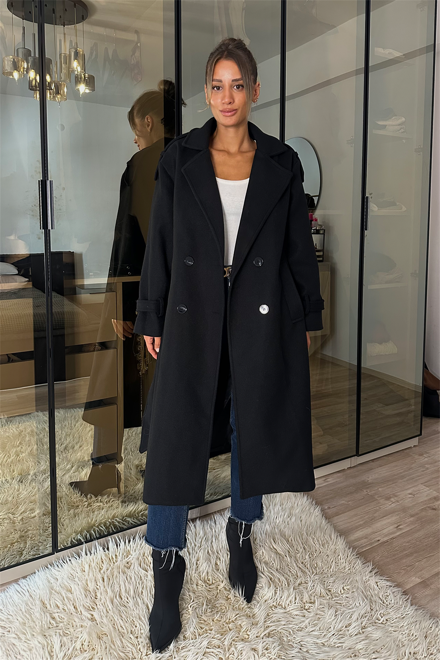 Laura Siyah Kuşaklı Kaşe Kaban