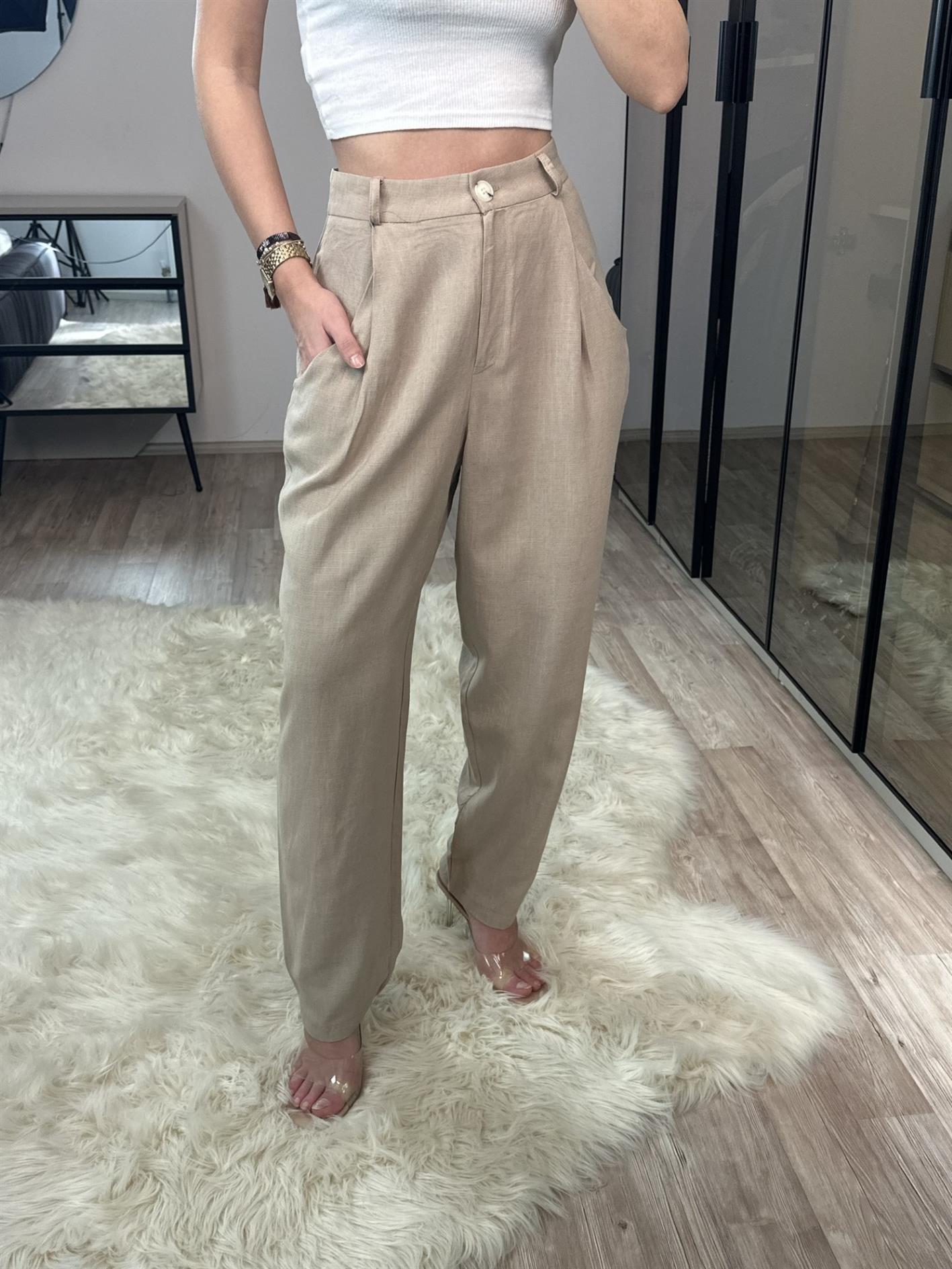 Lexa Pudra Salaş Pileli %100 Ham Keten Pantolon