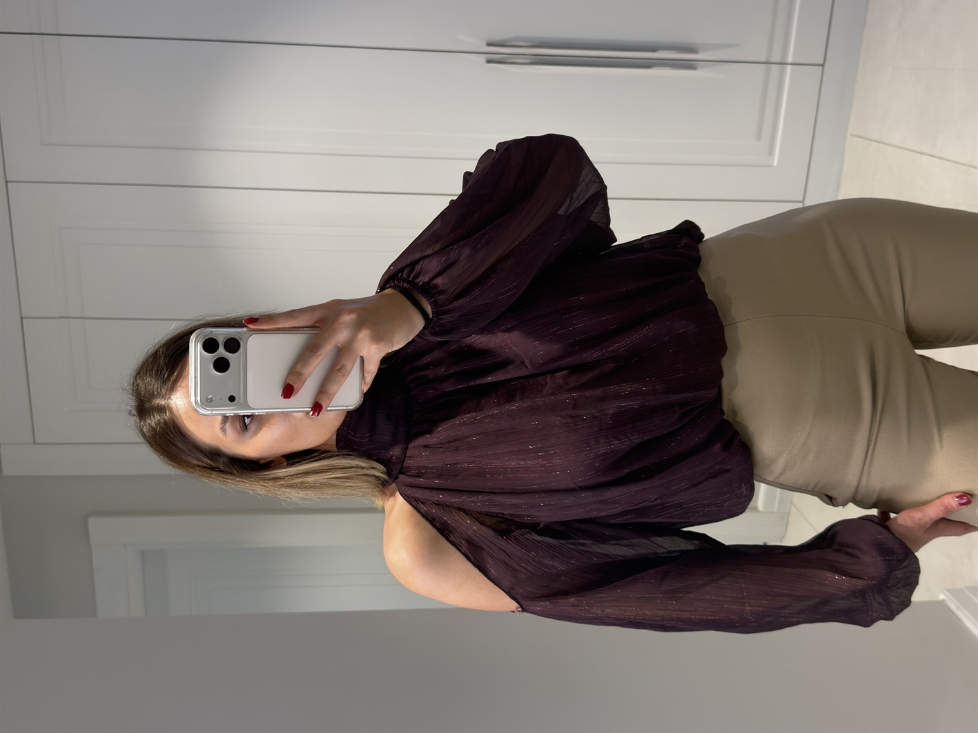 Liona Bordo Omzu Açık Şifon Tül Bluz