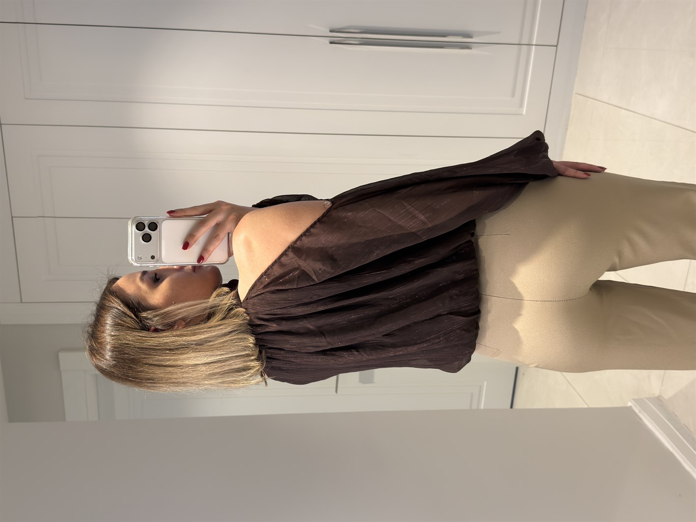 Liona Kahve Omzu Açık Şifon Tül Bluz