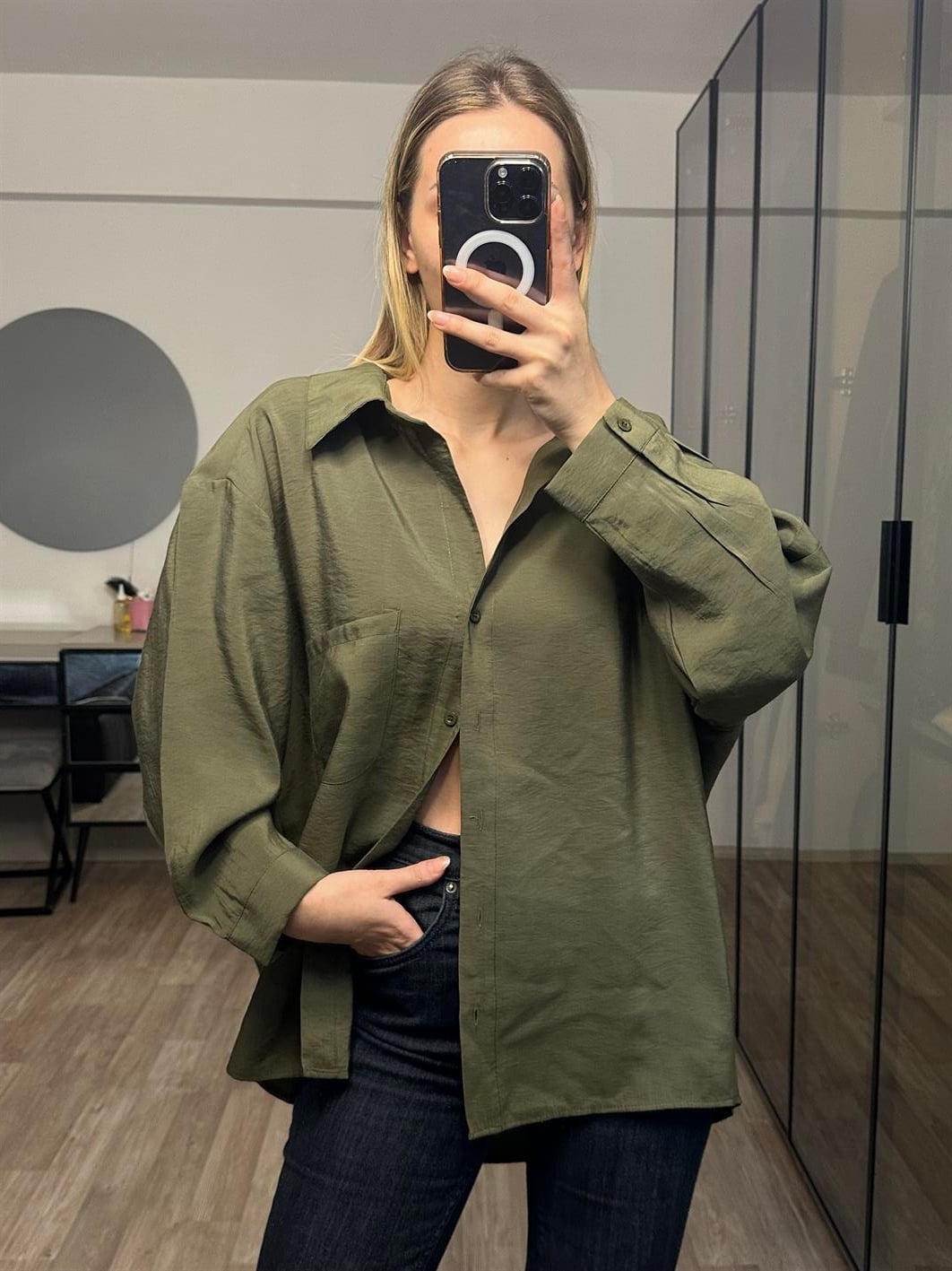 Lisa Haki Oversize Tensel Gömlek