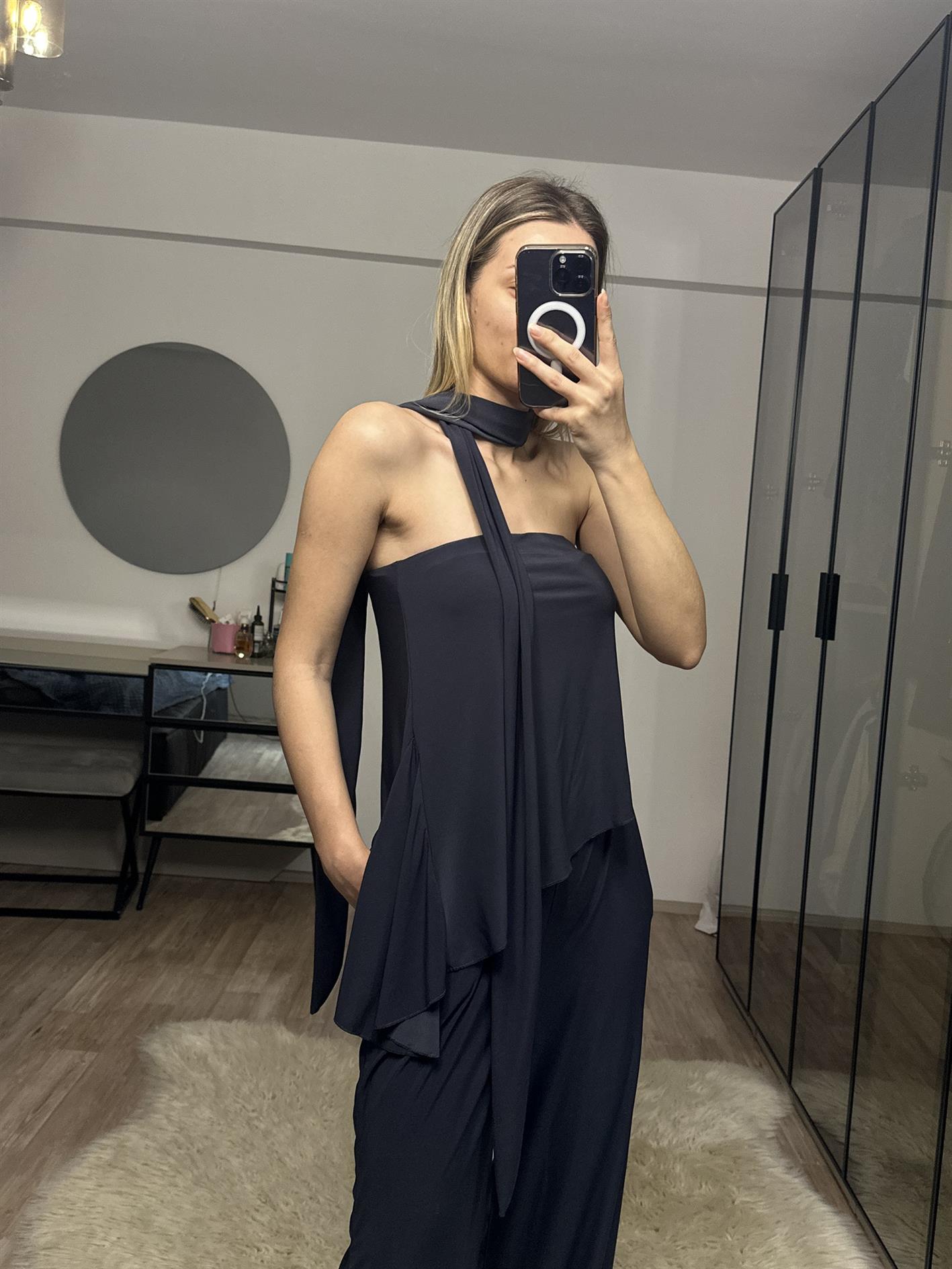 Lotus Füme Straplez Fularlı Pantolon Bluz Takım