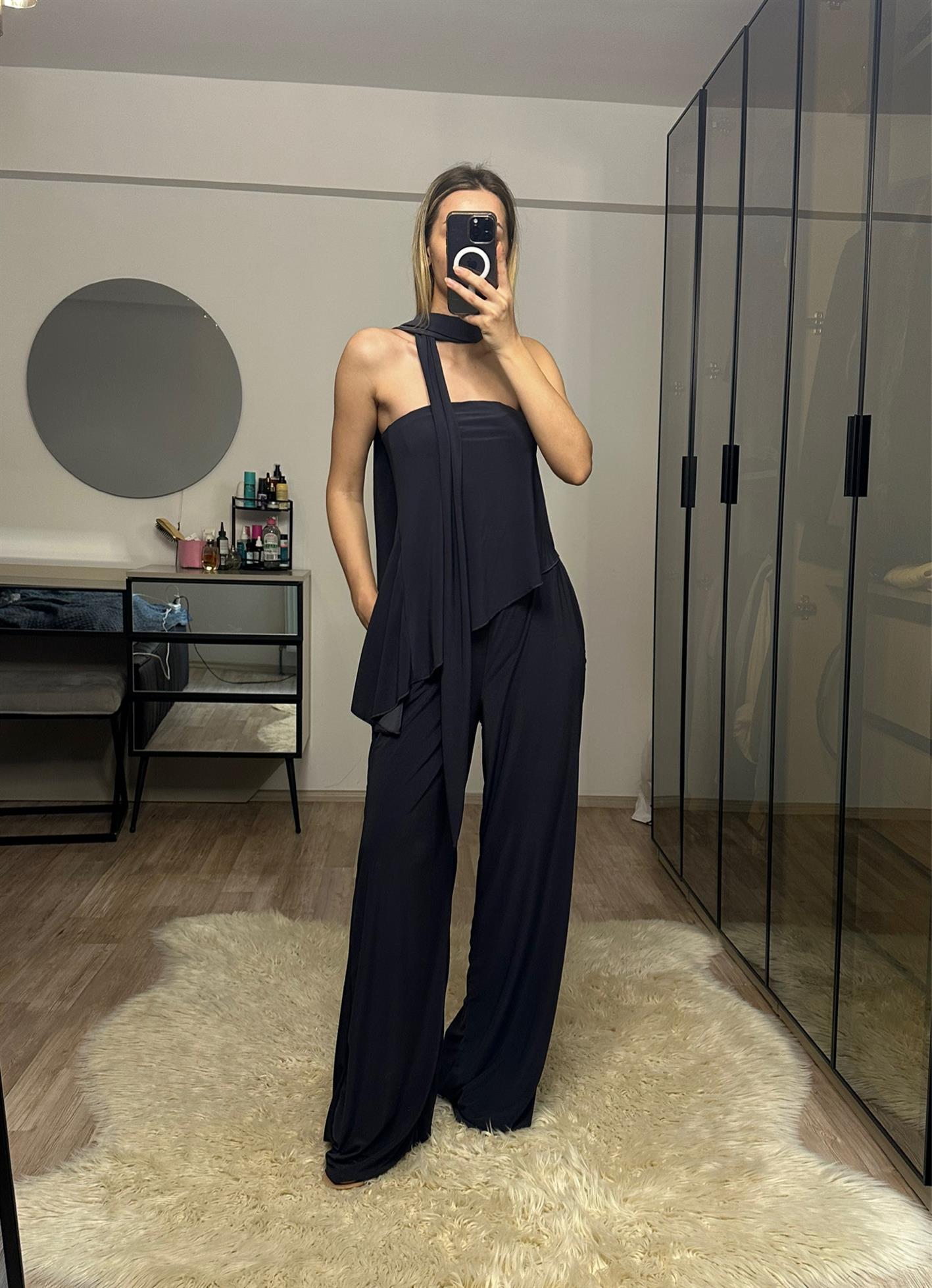 Lotus Füme Straplez Fularlı Pantolon Bluz Takım