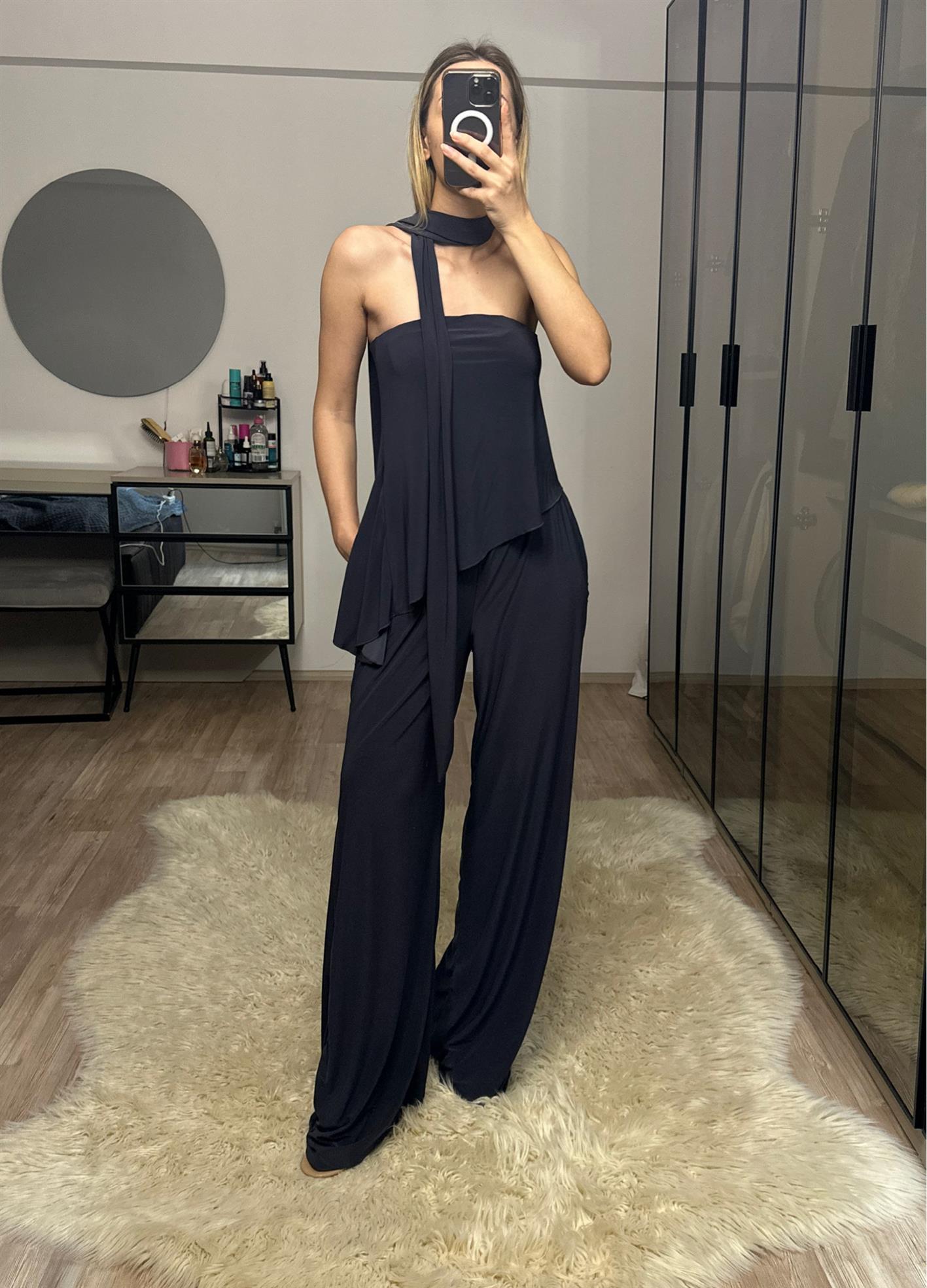 Lotus Füme Straplez Fularlı Pantolon Bluz Takım
