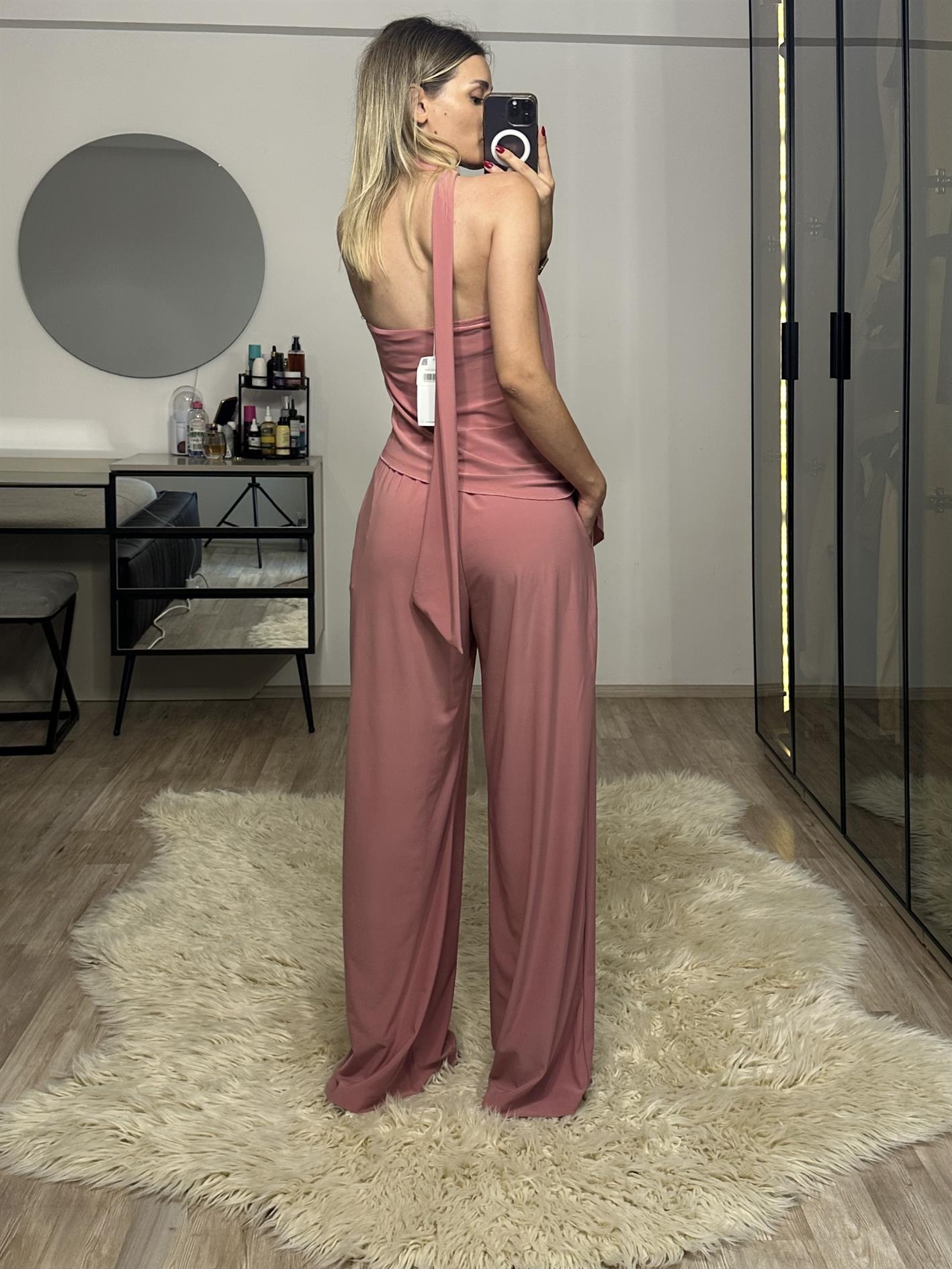 Lotus Pembe Straplez Fularlı Pantolon Bluz Takım