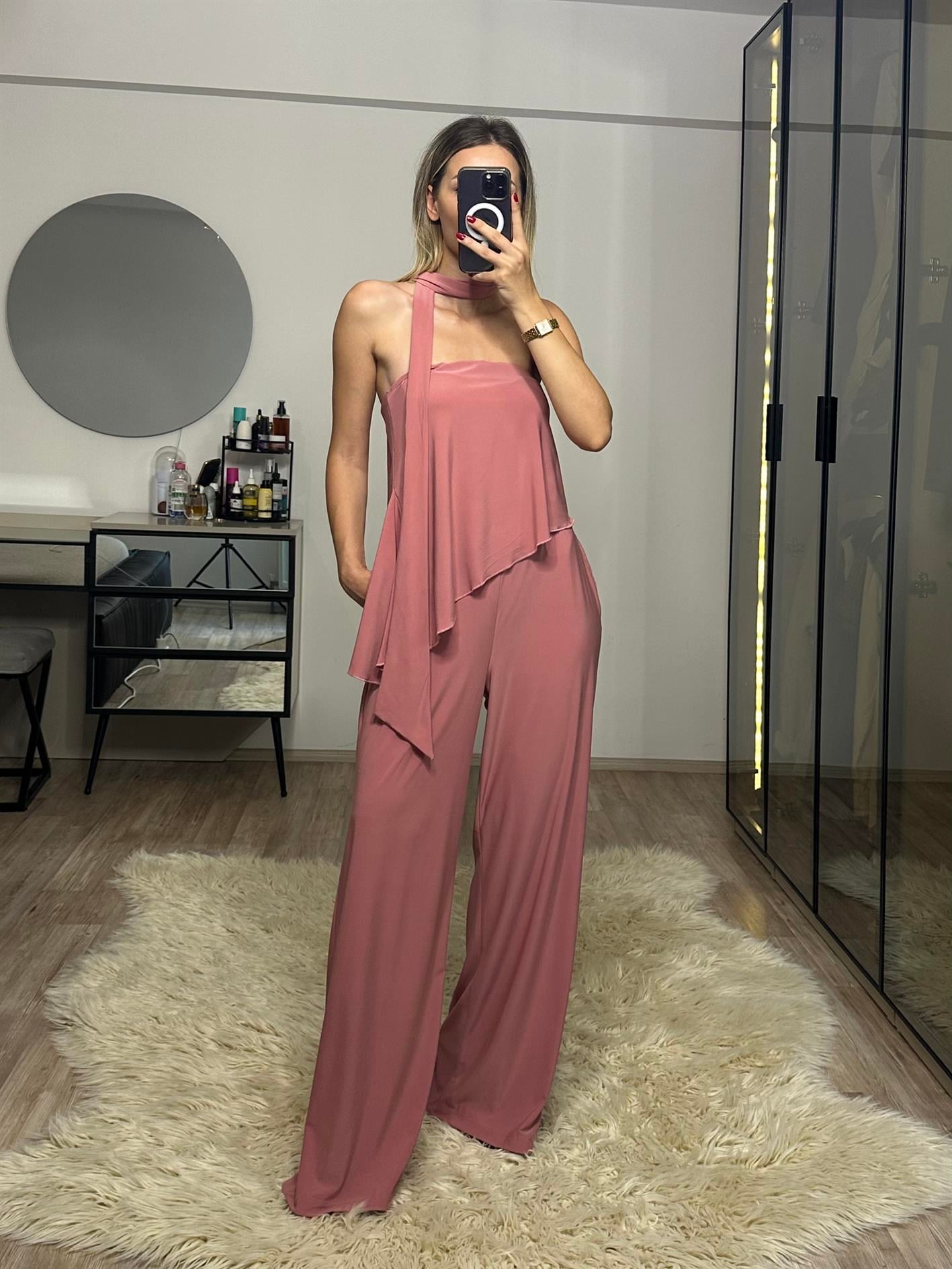 Lotus Pembe Straplez Fularlı Pantolon Bluz Takım