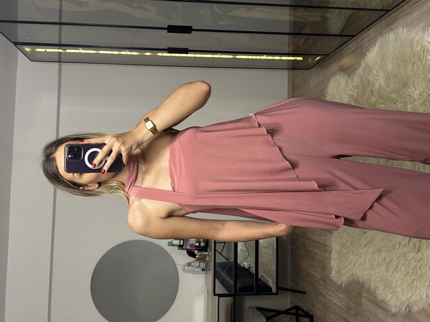 Lotus Pembe Straplez Fularlı Pantolon Bluz Takım