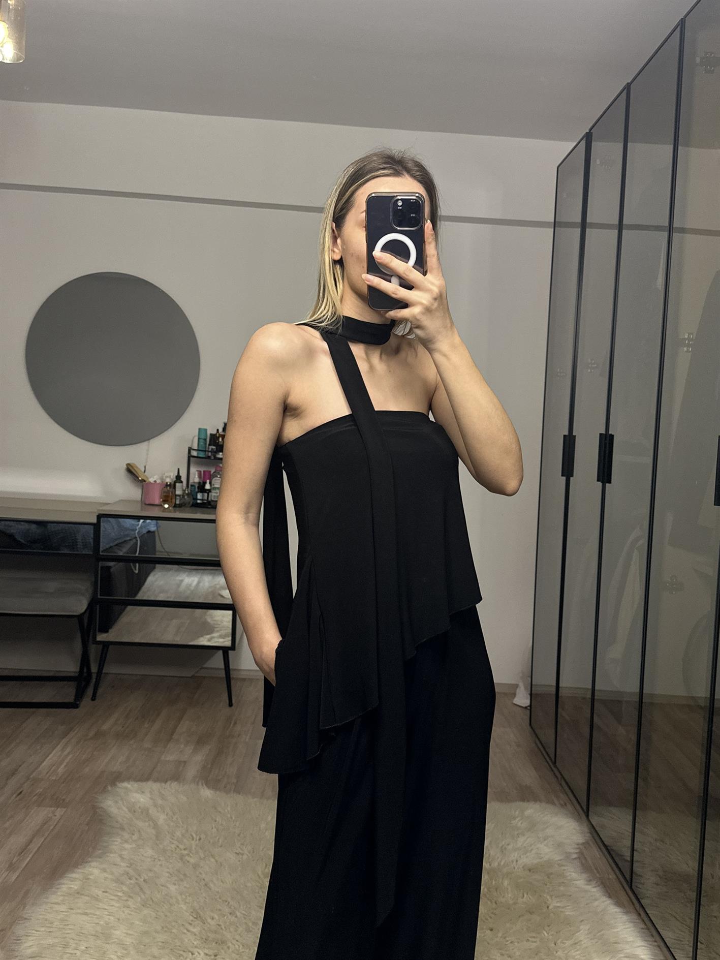 Lotus Siyah Straplez Fularlı Pantolon Bluz Takım