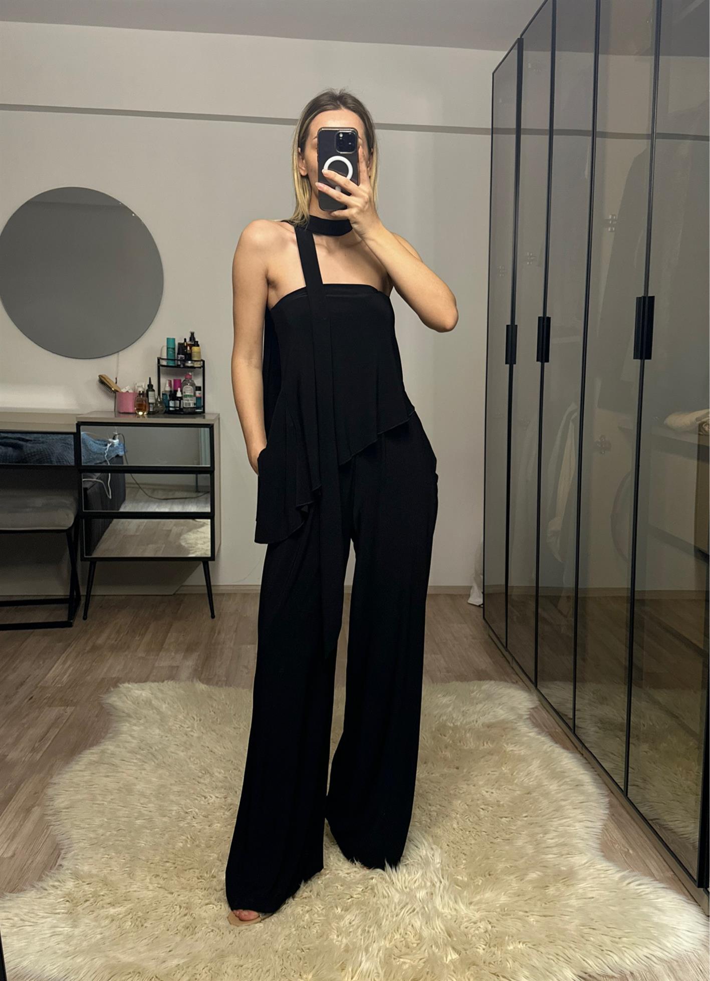 Lotus Siyah Straplez Fularlı Pantolon Bluz Takım