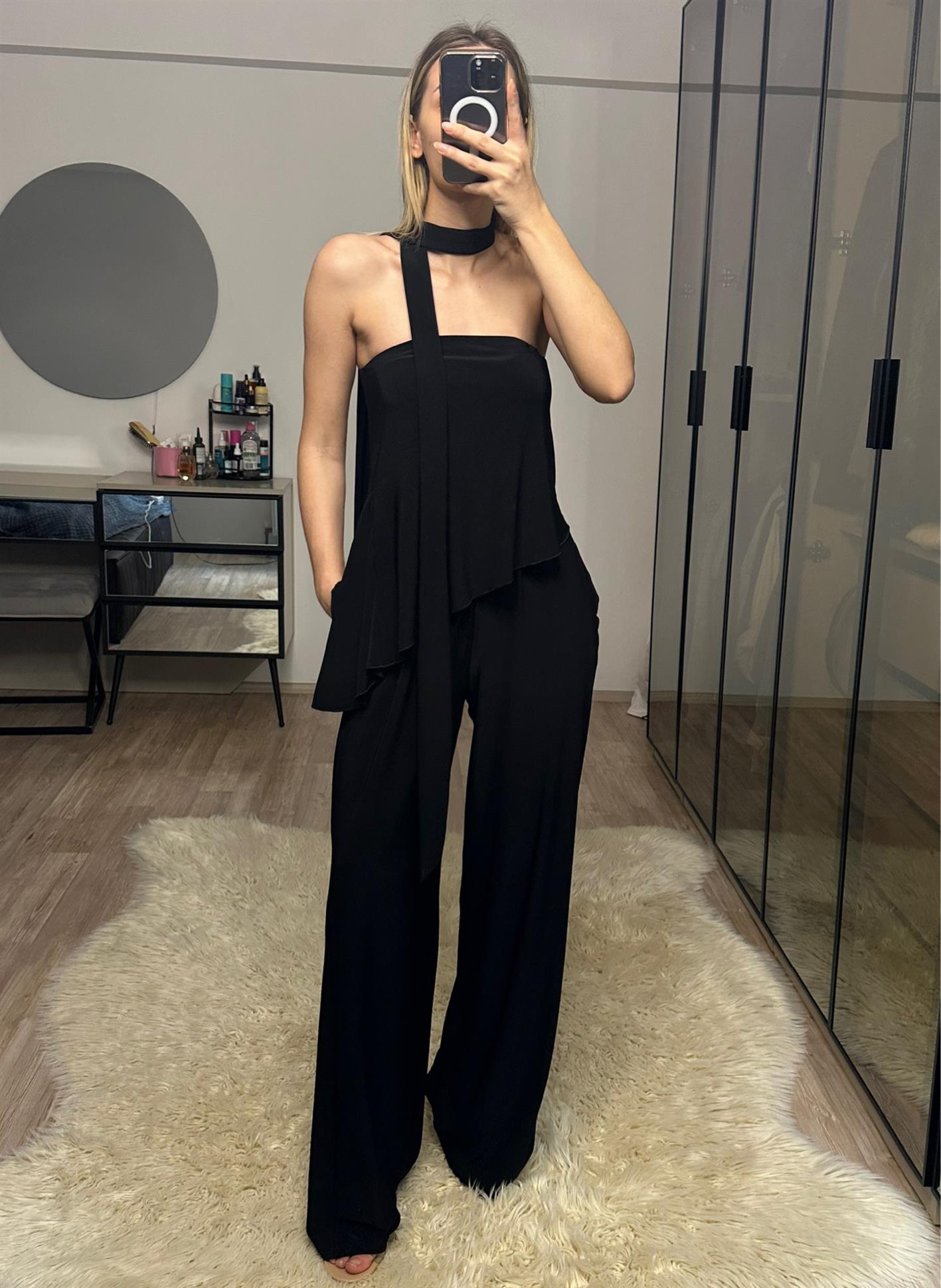 Lotus Siyah Straplez Fularlı Pantolon Bluz Takım