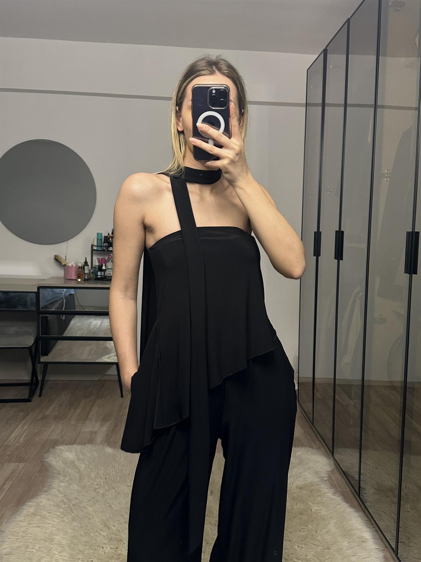 Lotus Siyah Straplez Fularlı Pantolon Bluz Takım