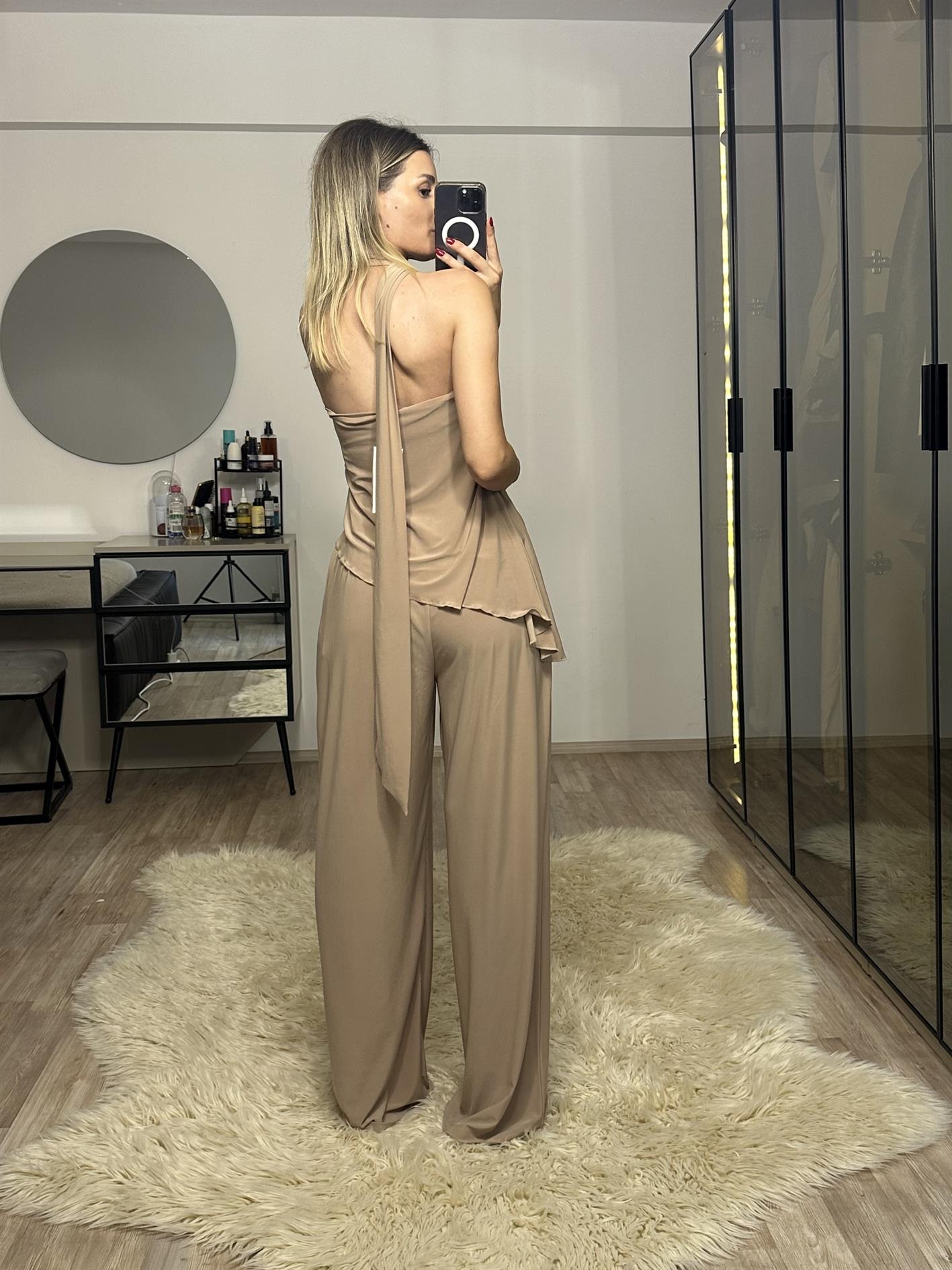 Lotus Vizon Straplez Fularlı Pantolon Bluz Takım