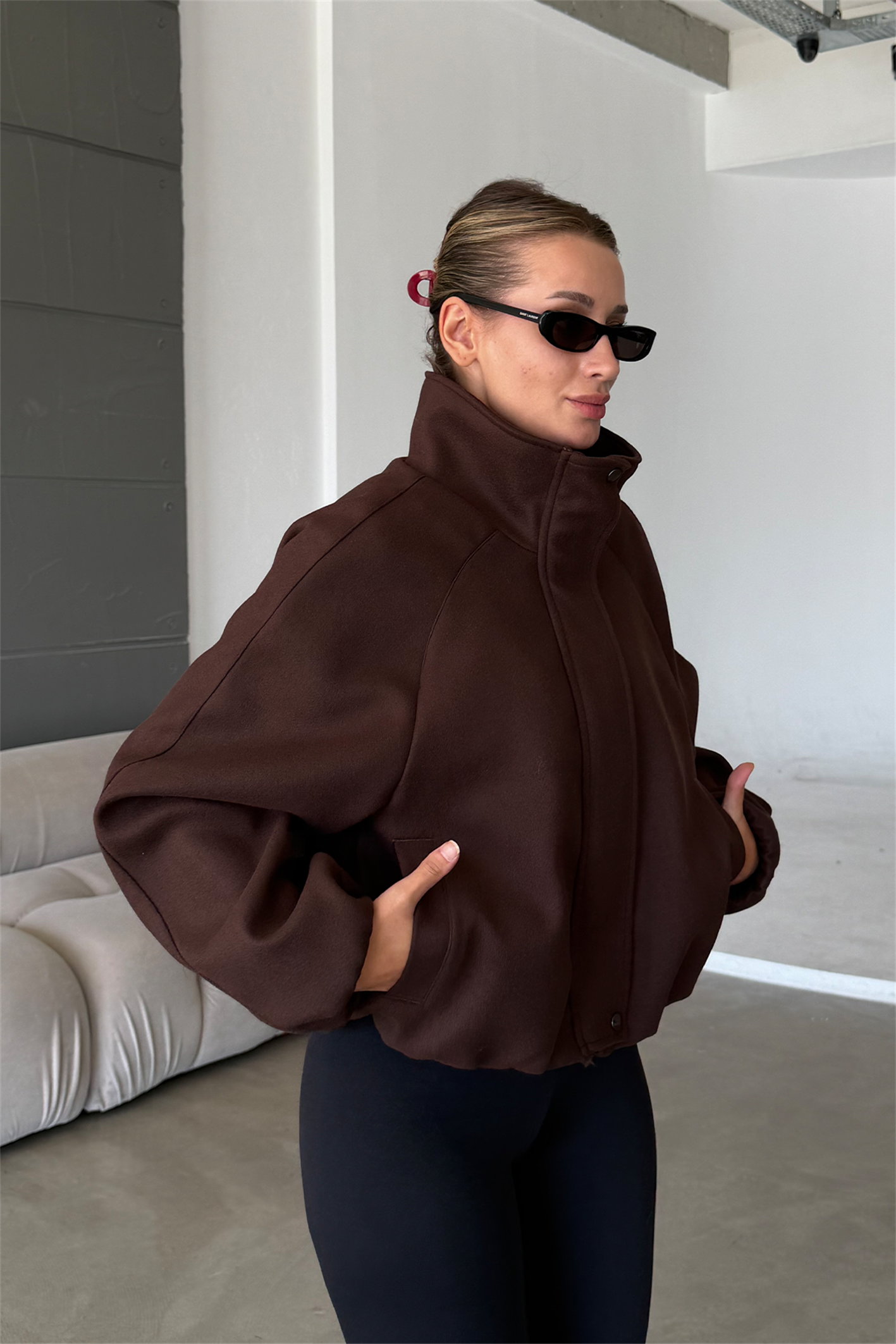 Lucie Acı Kahve Dik Yaka Oversize Kaşe Kaban
