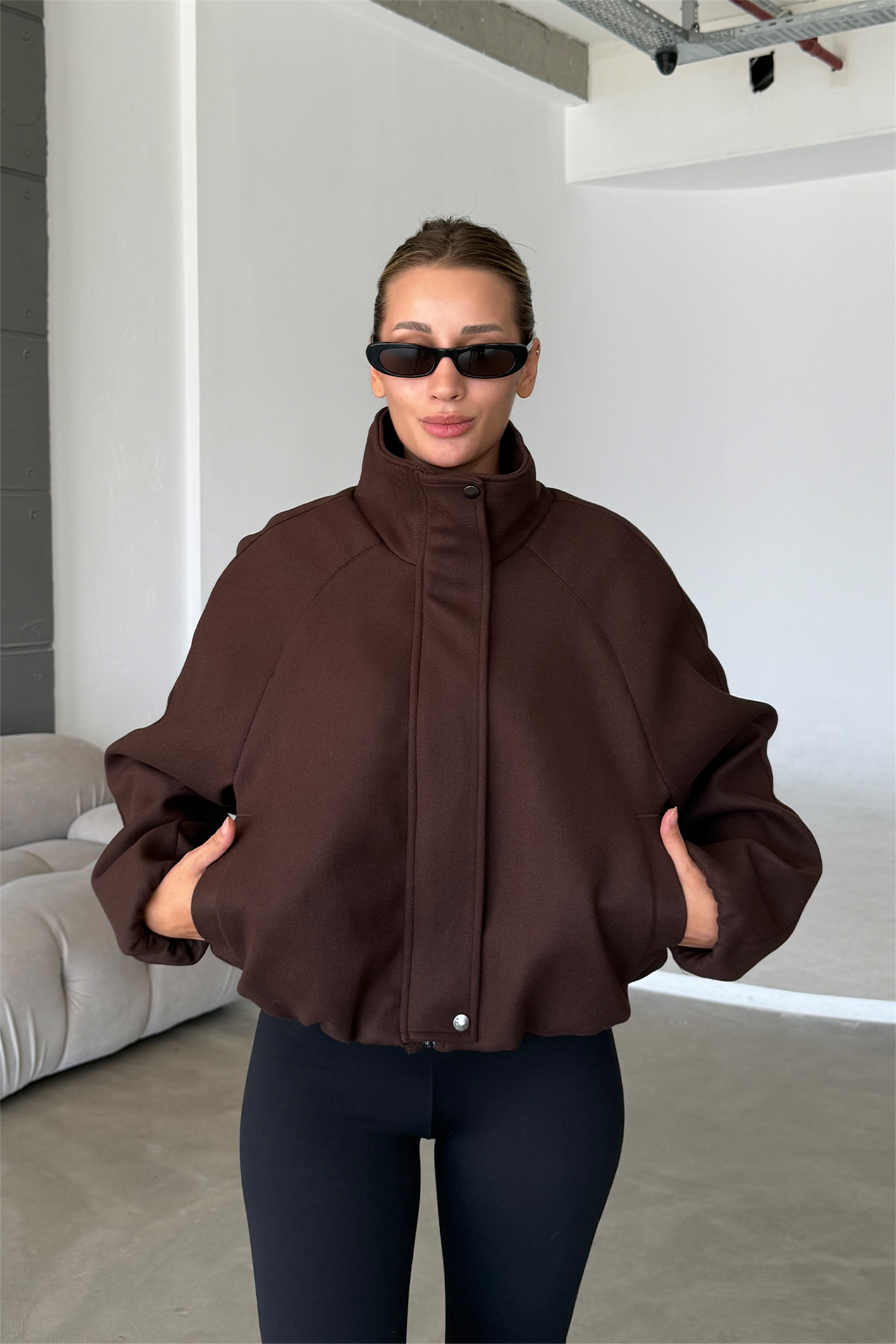 Lucie Acı Kahve Dik Yaka Oversize Kaşe Kaban