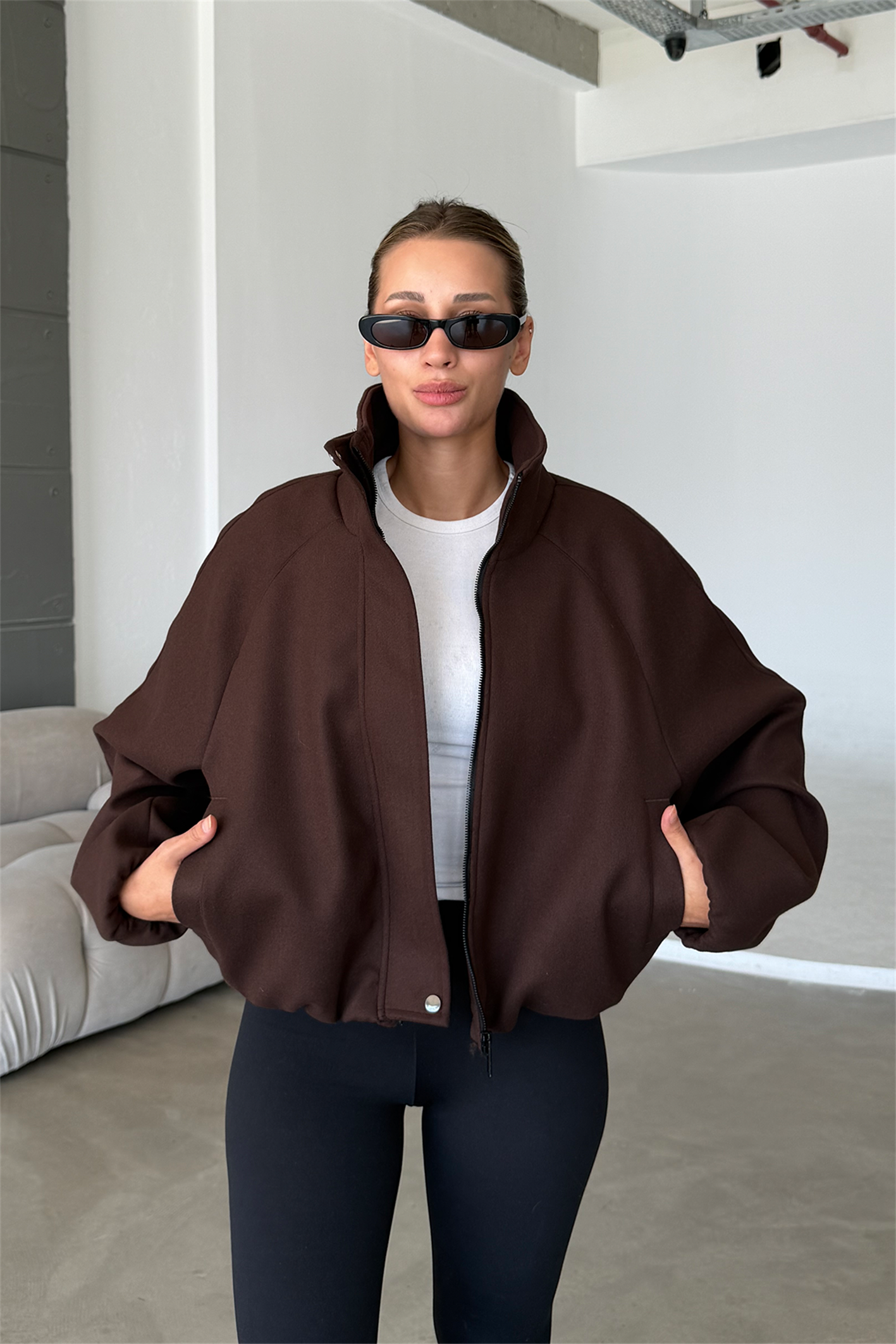 Lucie Acı Kahve Dik Yaka Oversize Kaşe Kaban
