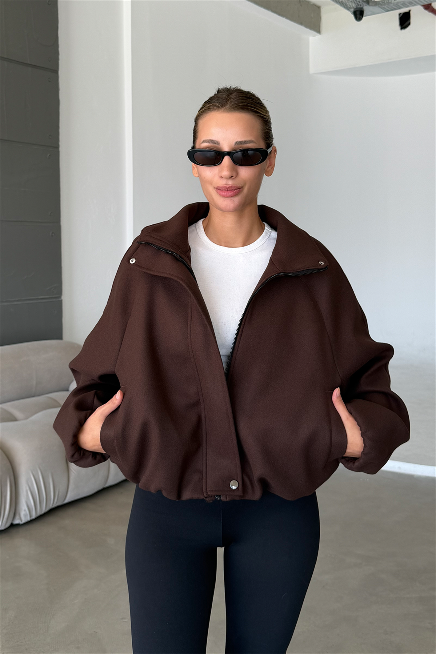 Lucie Acı Kahve Dik Yaka Oversize Kaşe Kaban