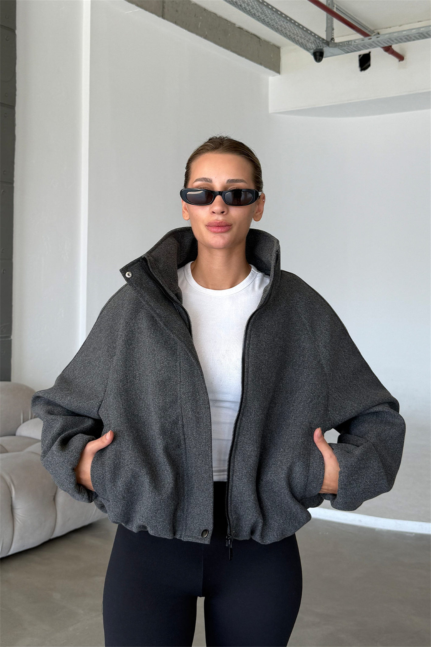 Lucie Antrasit Dik Yaka Oversize Kaşe Kaban