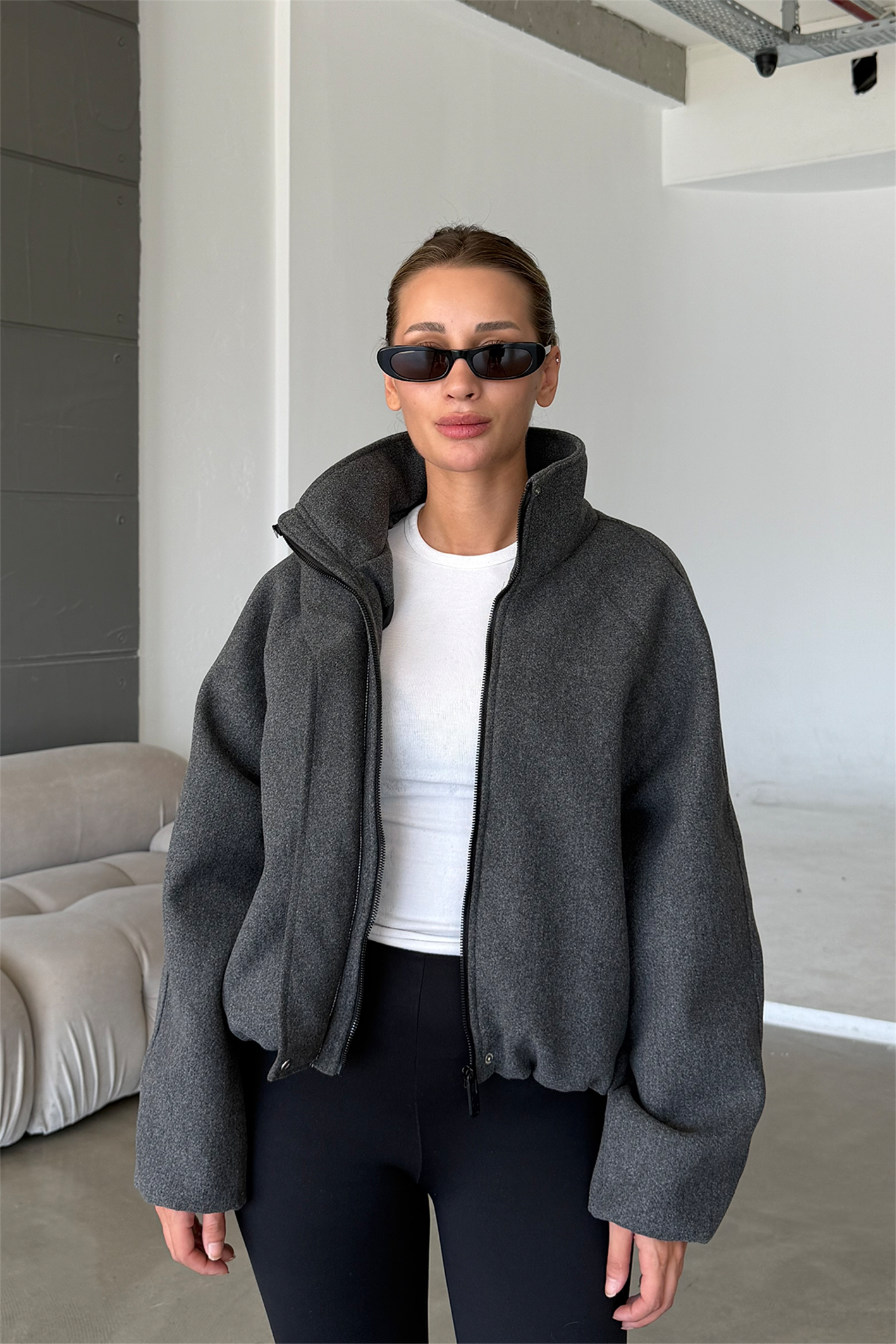Lucie Antrasit Dik Yaka Oversize Kaşe Kaban