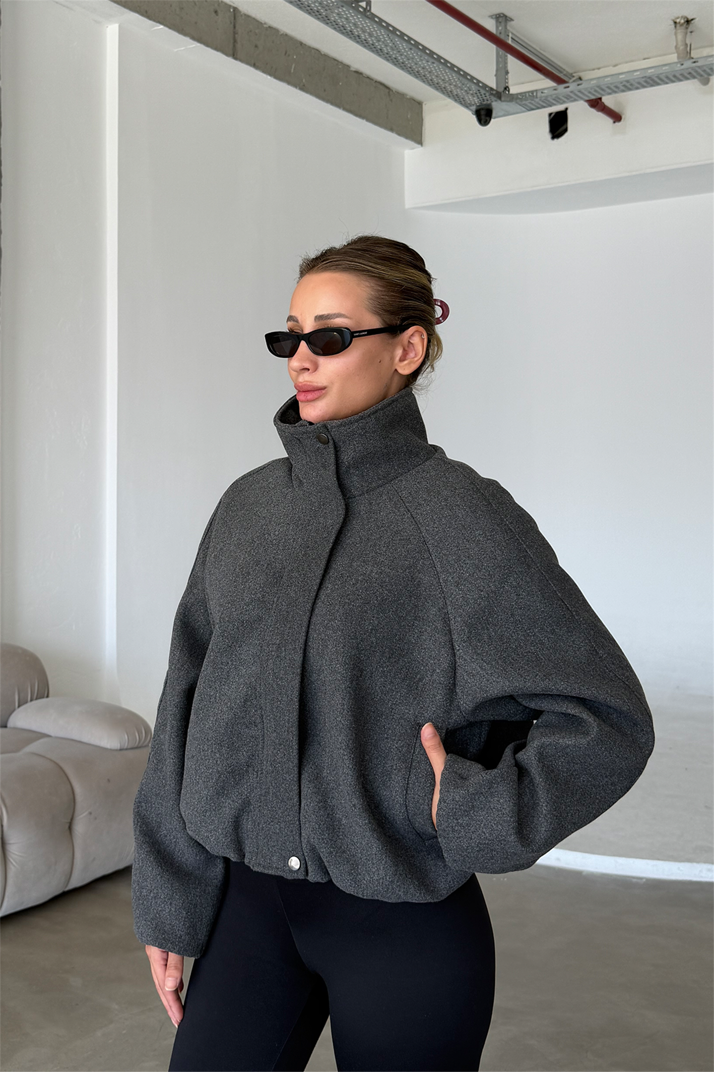 Lucie Antrasit Dik Yaka Oversize Kaşe Kaban