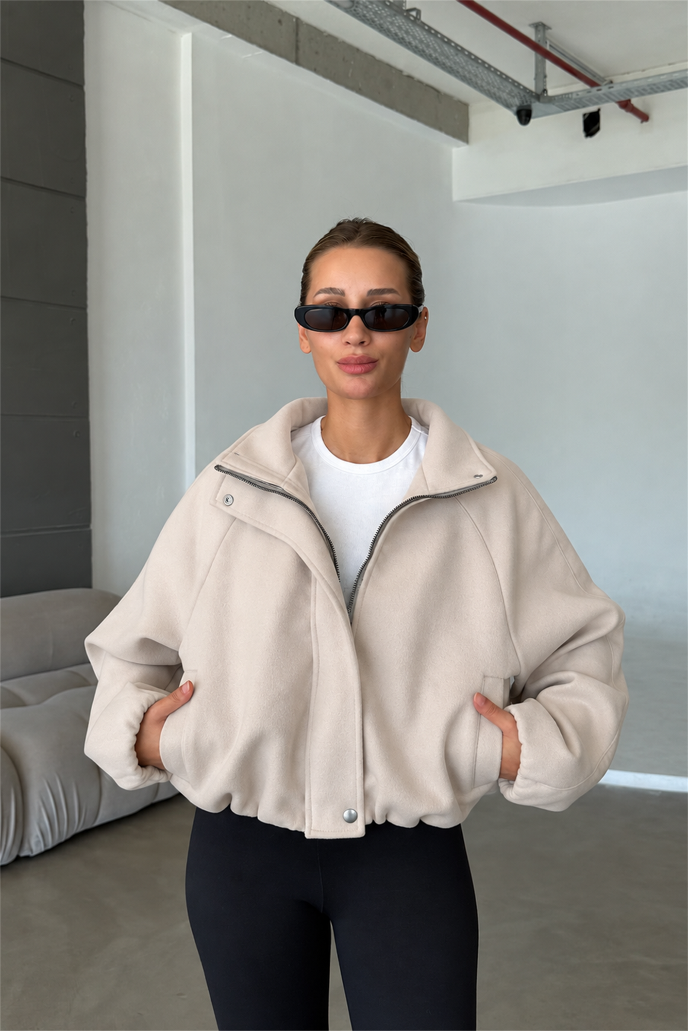 Lucie Bej Dik Yaka Oversize Kaşe Kaban