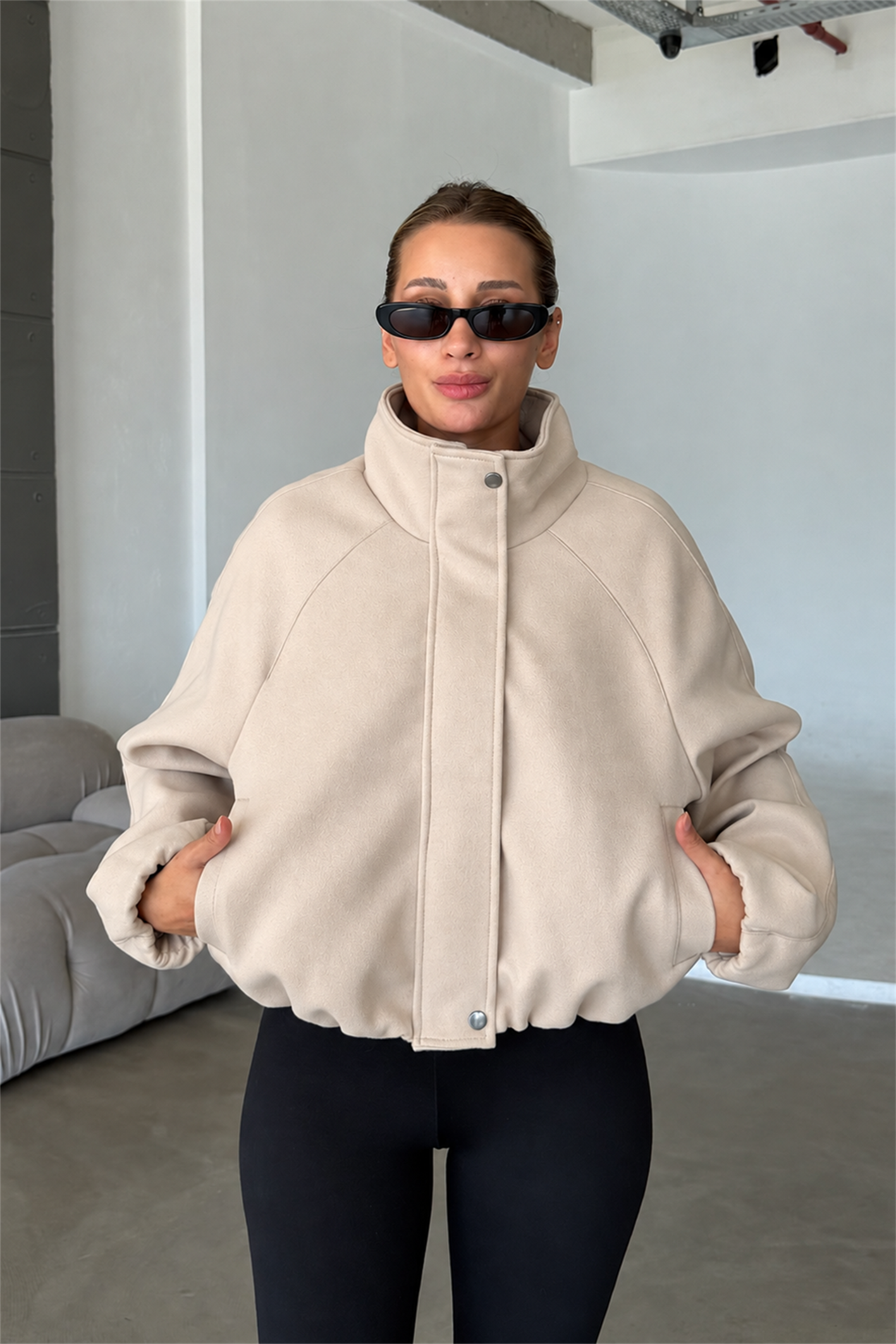 Lucie Bej Dik Yaka Oversize Kaşe Kaban