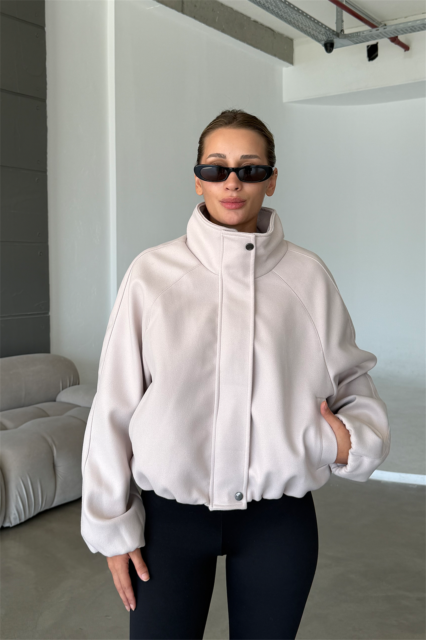 Lucie Ekru Dik Yaka Oversize Kaşe Kaban