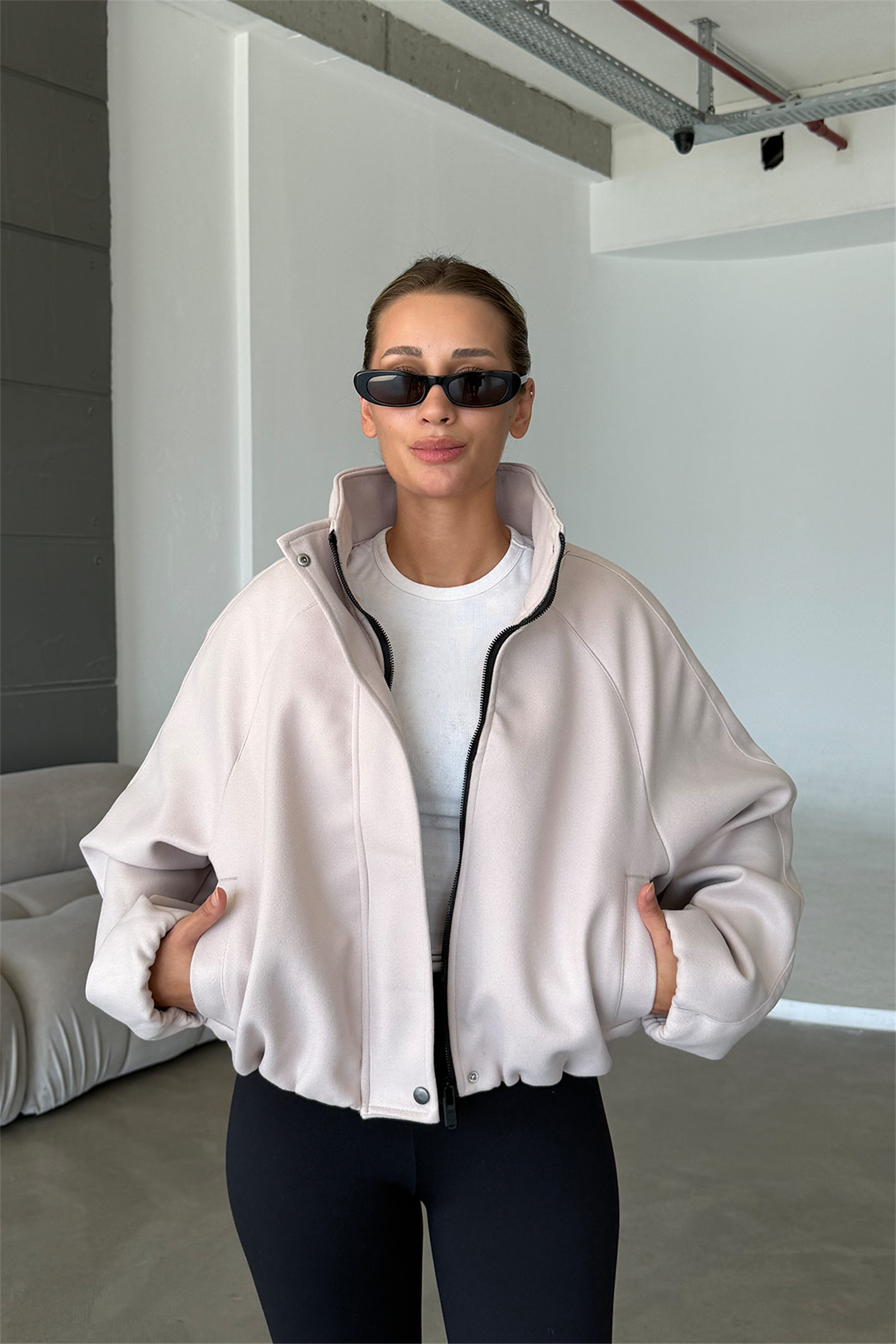 Lucie Ekru Dik Yaka Oversize Kaşe Kaban