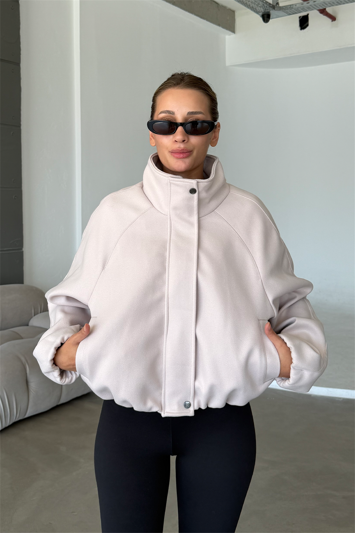 Lucie Ekru Dik Yaka Oversize Kaşe Kaban