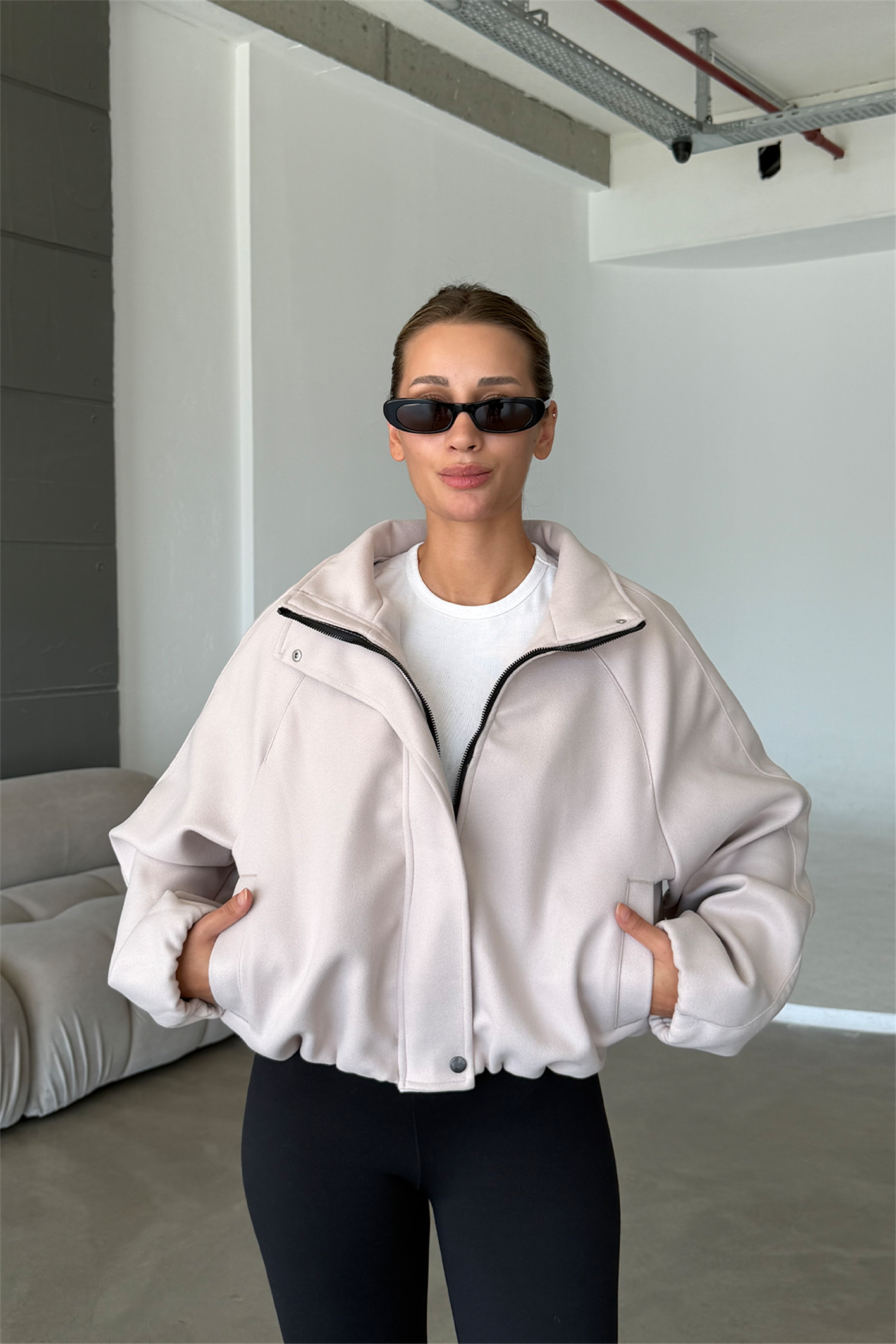 Lucie Ekru Dik Yaka Oversize Kaşe Kaban