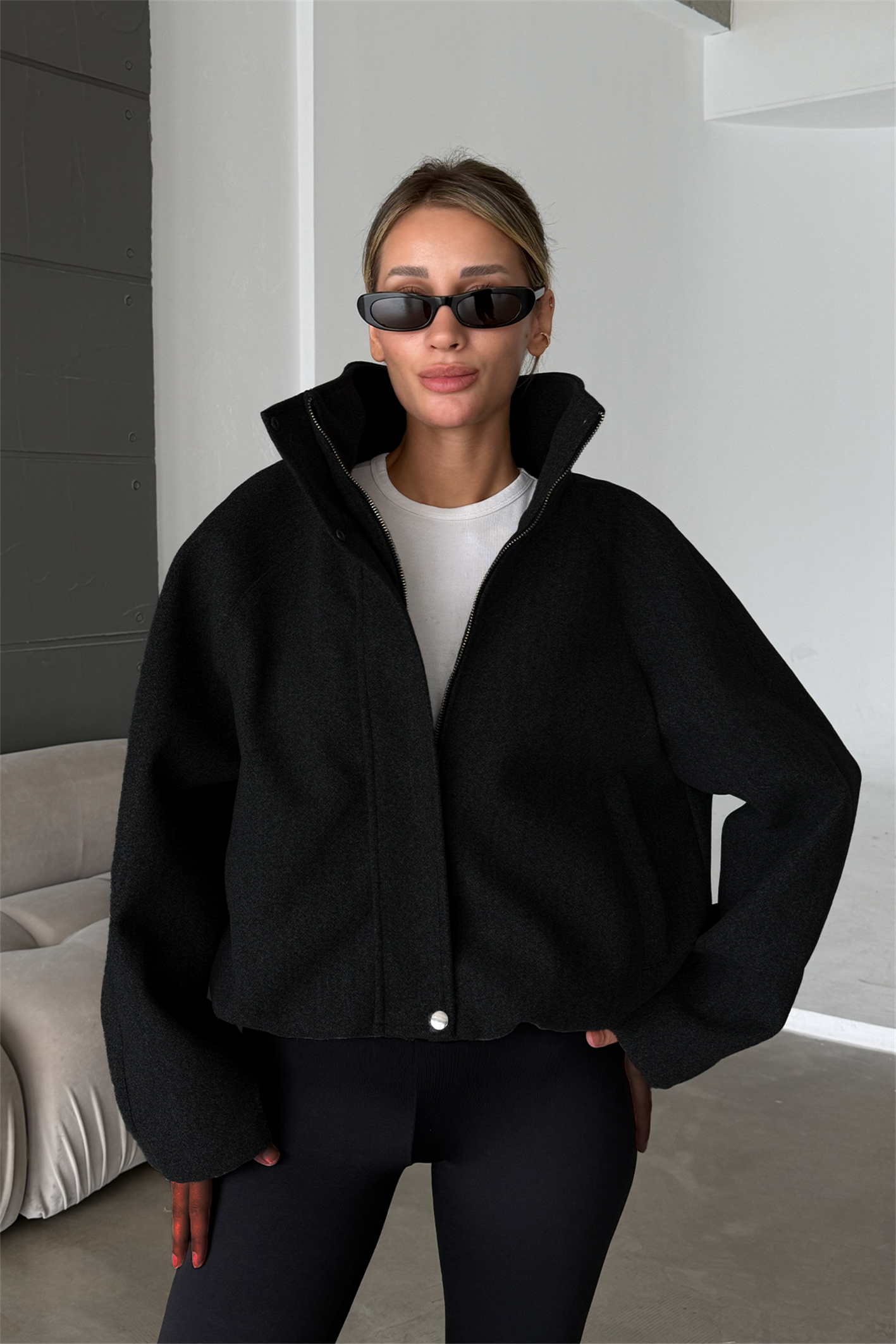 Lucie Siyah Dik Yaka Oversize Kaşe Kaban