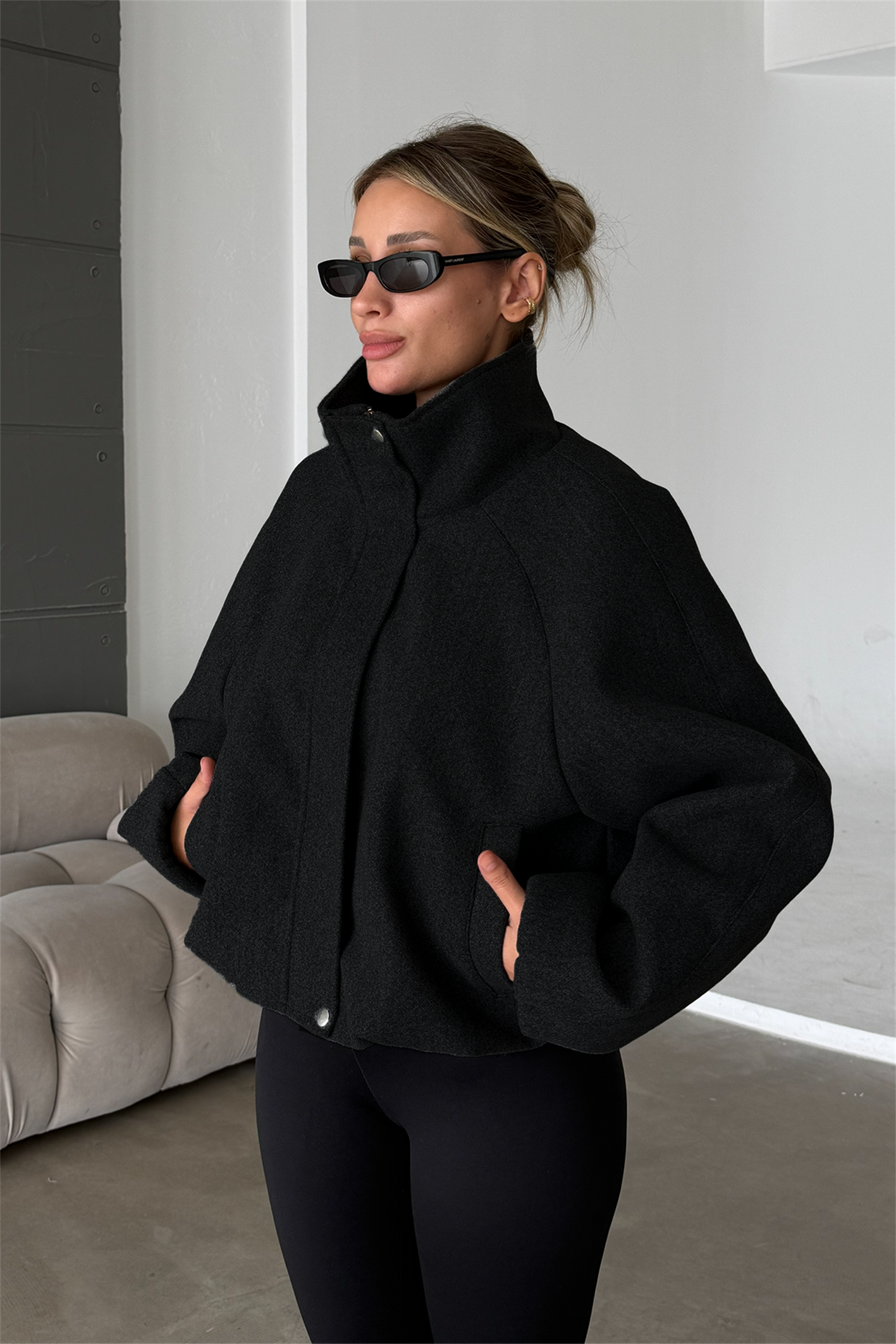 Lucie Siyah Dik Yaka Oversize Kaşe Kaban