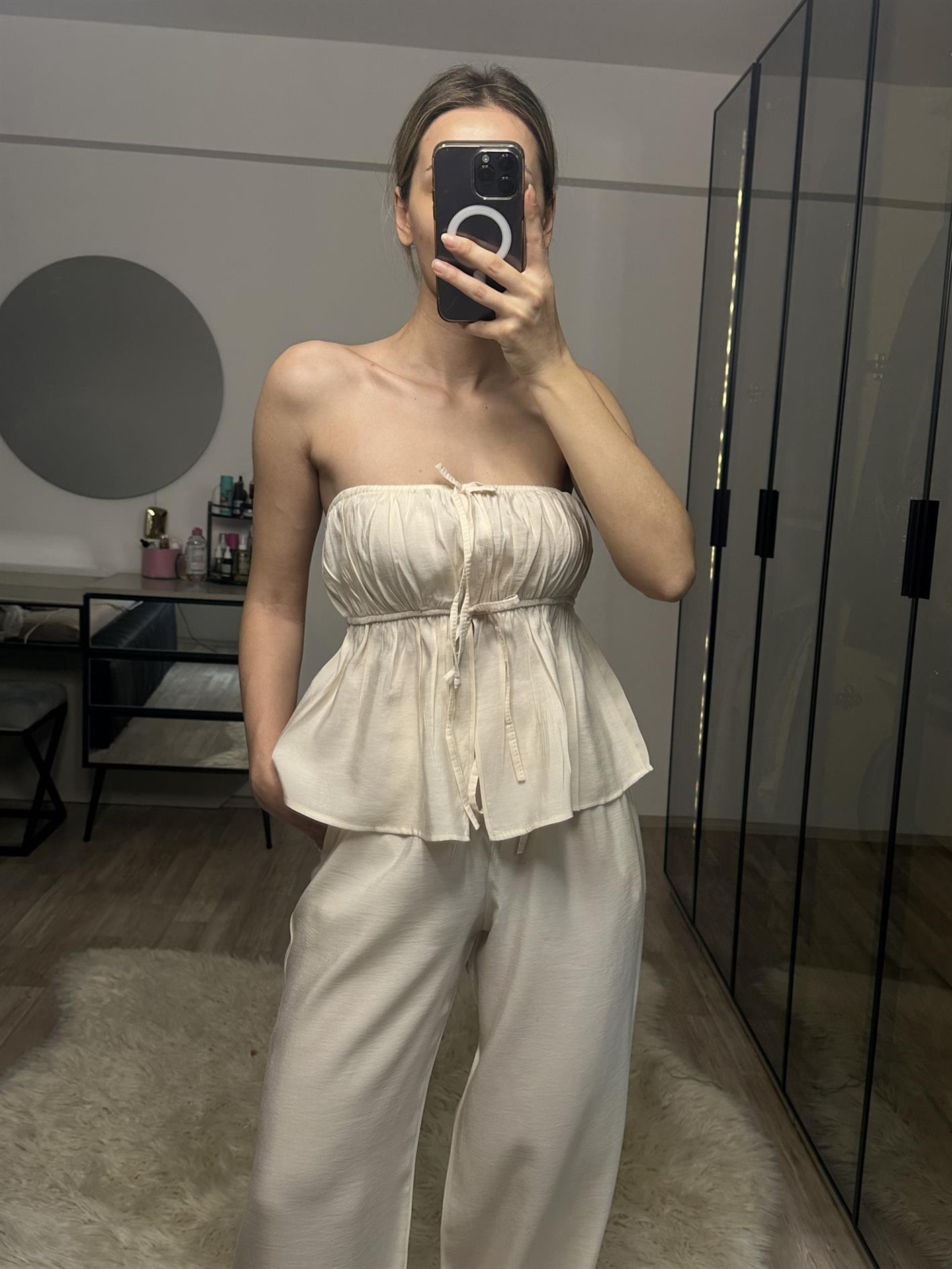 Luna Bej Straplez Büzgülü Bluz Pantolon Takım