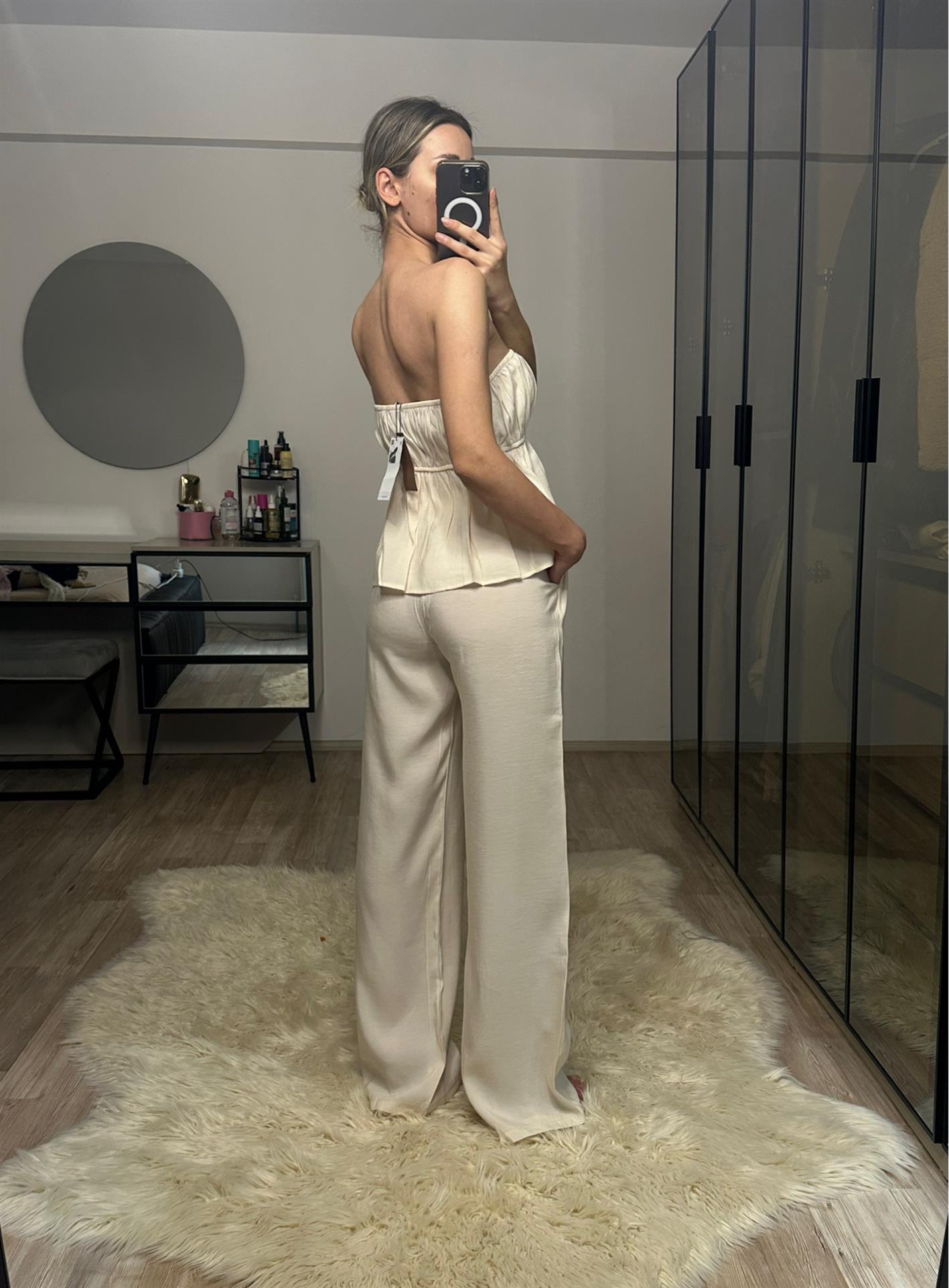 Luna Bej Straplez Büzgülü Bluz Pantolon Takım
