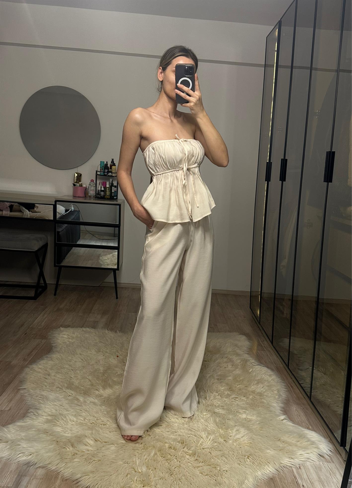 Luna Bej Straplez Büzgülü Bluz Pantolon Takım