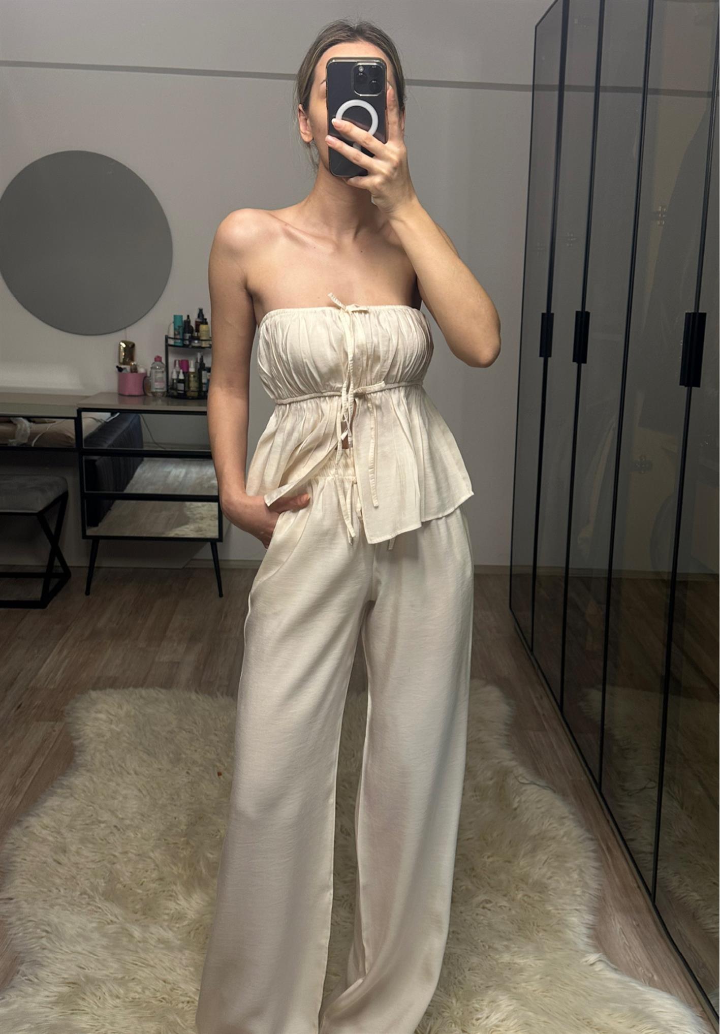 Luna Bej Straplez Büzgülü Bluz Pantolon Takım
