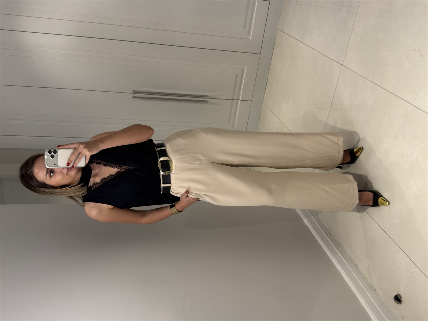 Mari Bej Yüksek Bel Bilek Boy Pantolon