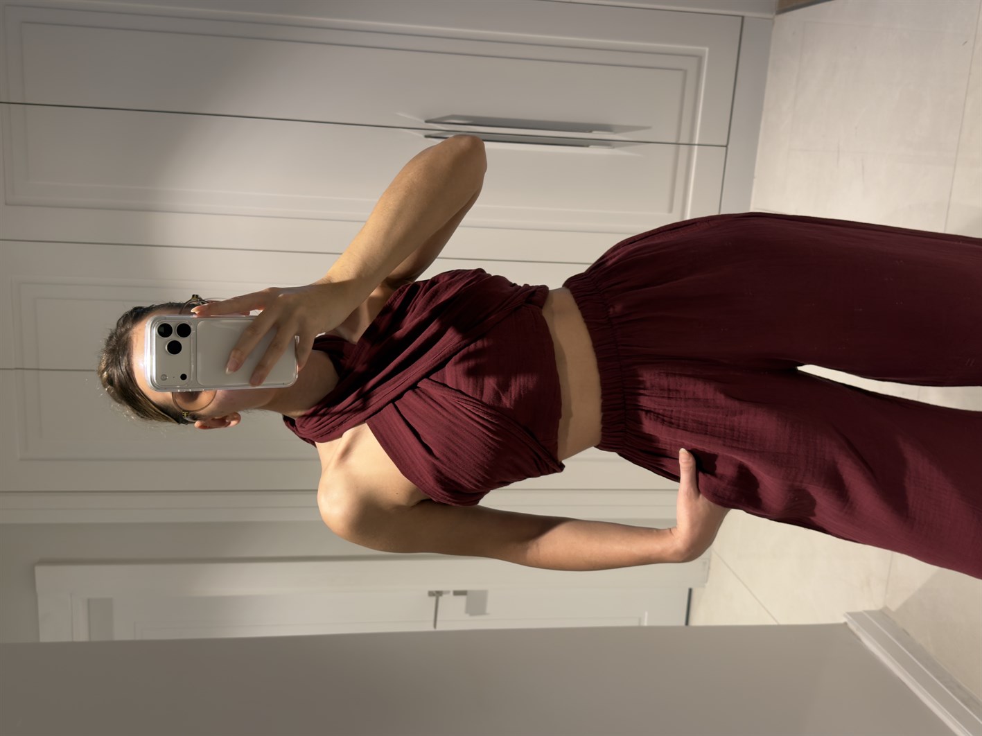 Mia Bordo Müslin Kumaş Boyundan Bağlamalı Pantolon Bluz Takım