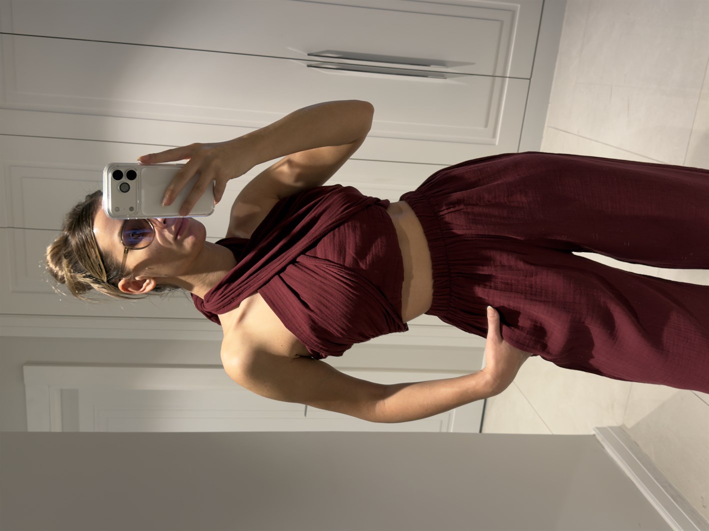 Mia Bordo Müslin Kumaş Boyundan Bağlamalı Pantolon Bluz Takım