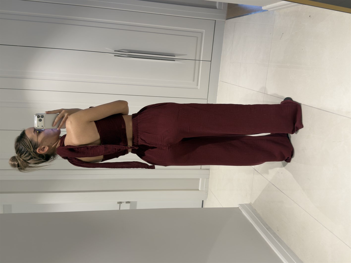 Mia Bordo Müslin Kumaş Boyundan Bağlamalı Pantolon Bluz Takım