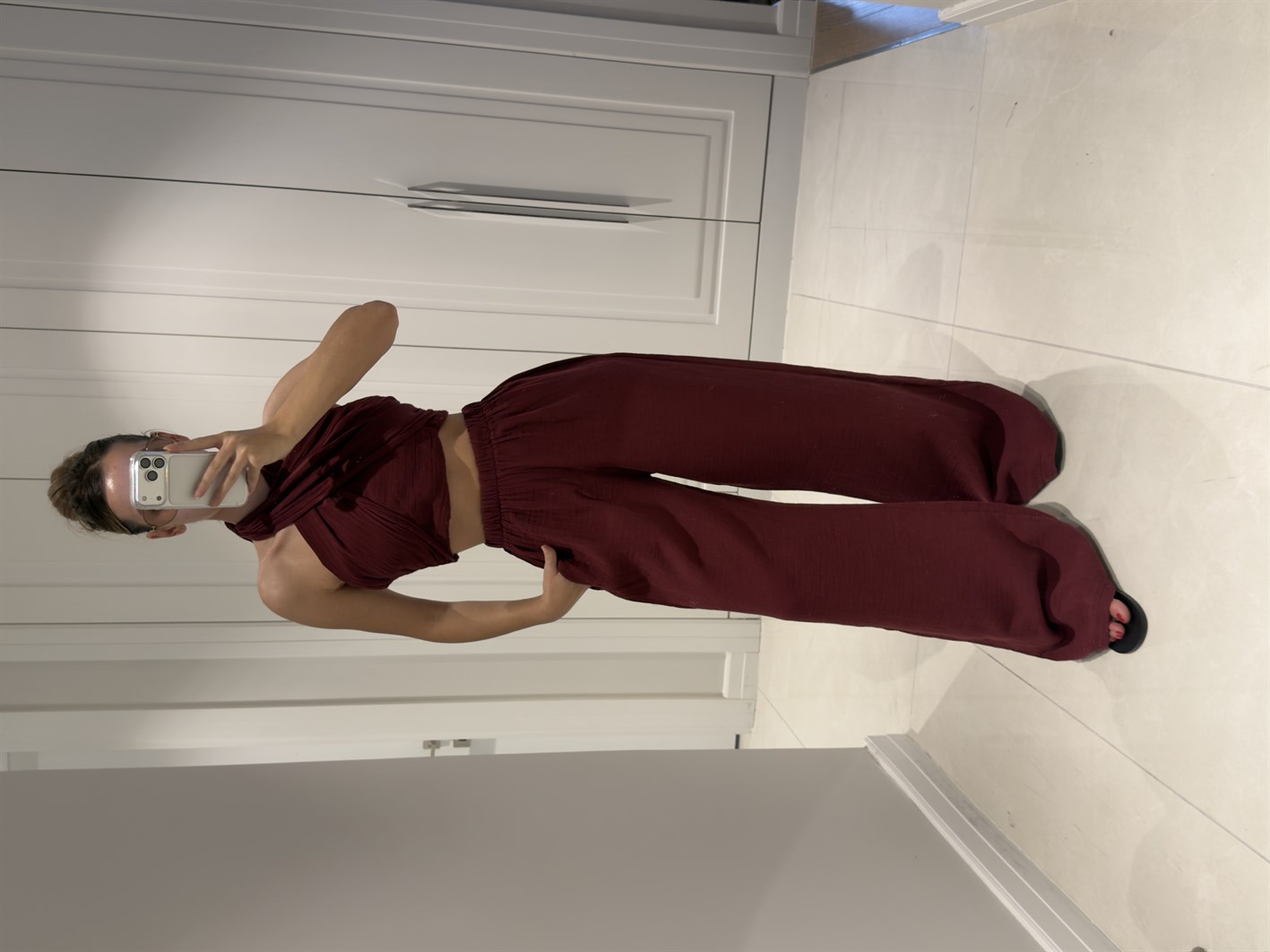 Mia Bordo Müslin Kumaş Boyundan Bağlamalı Pantolon Bluz Takım