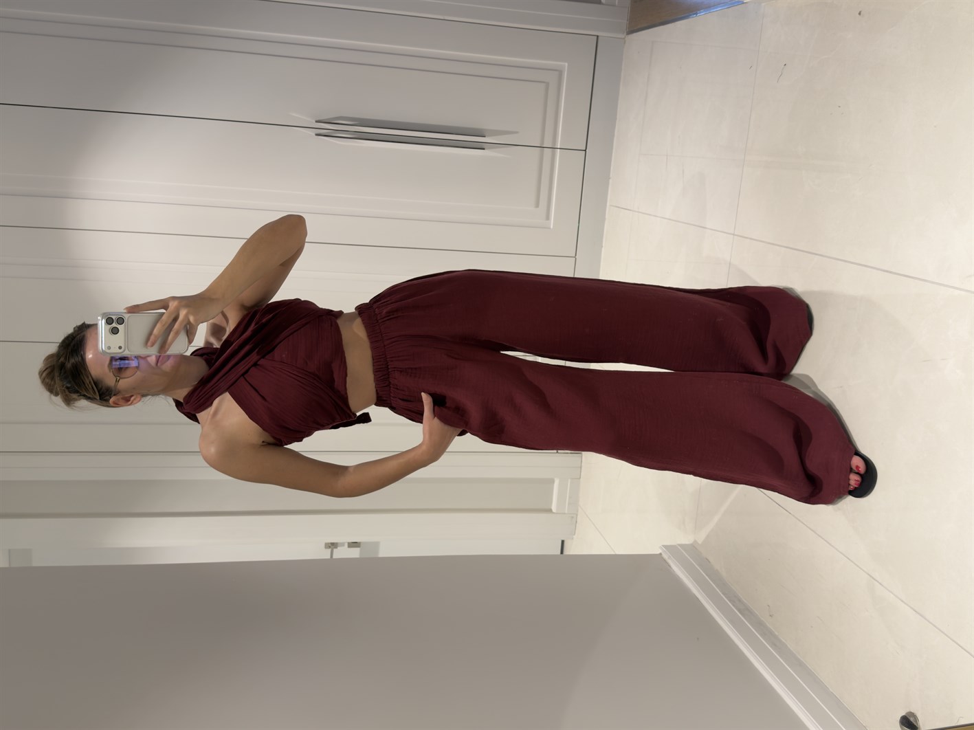 Mia Bordo Müslin Kumaş Boyundan Bağlamalı Pantolon Bluz Takım