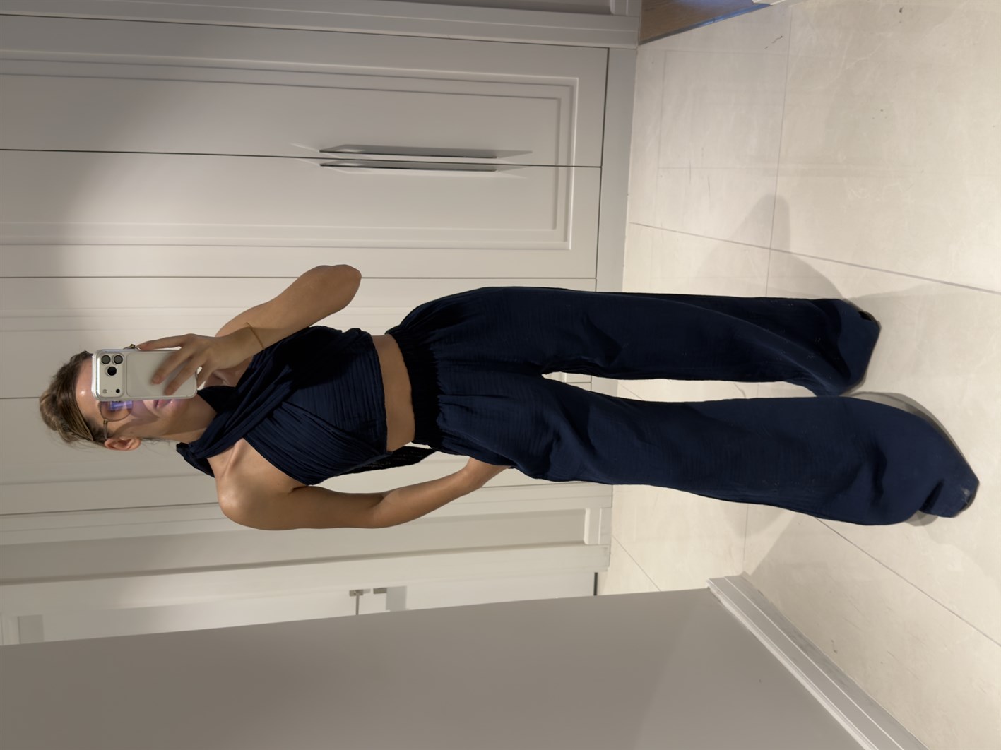 Mia Lacivert Müslin Kumaş Boyundan Bağlamalı Pantolon Bluz Takım