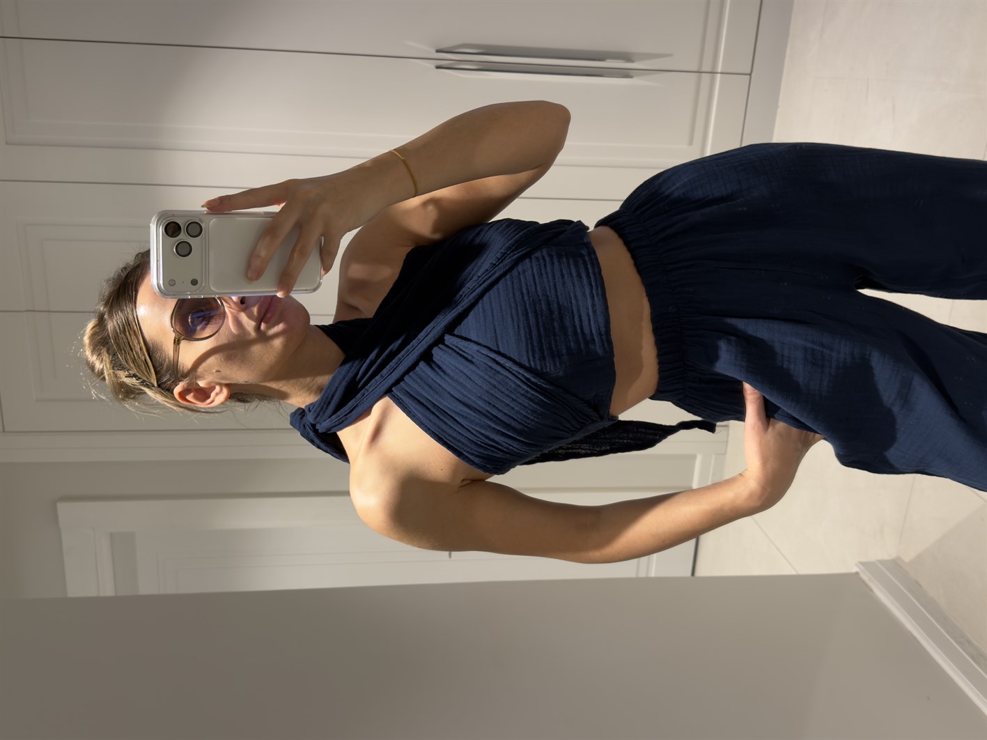 Mia Lacivert Müslin Kumaş Boyundan Bağlamalı Pantolon Bluz Takım