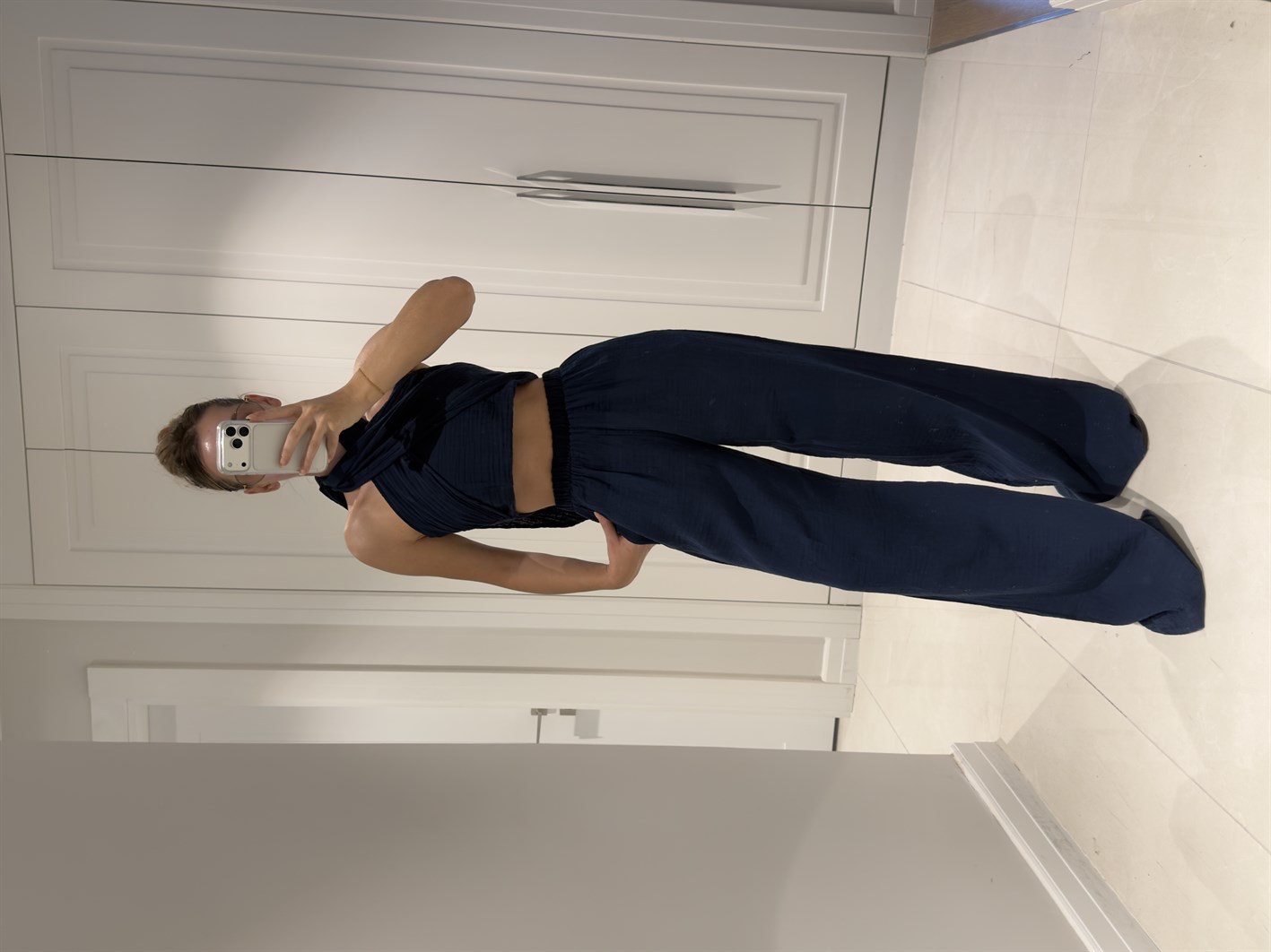 Mia Lacivert Müslin Kumaş Boyundan Bağlamalı Pantolon Bluz Takım